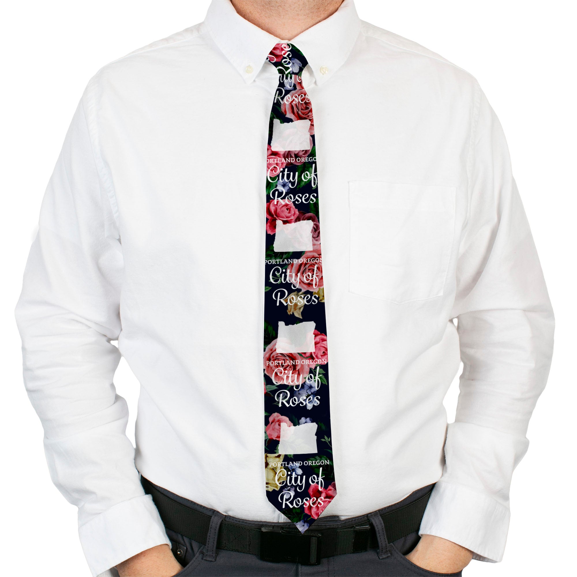 Buckle-Down Necktie - Oregon Silhouette/PORTLAND OREGON-CITY OF ROSES Roses/White Neckties Buckle-Down