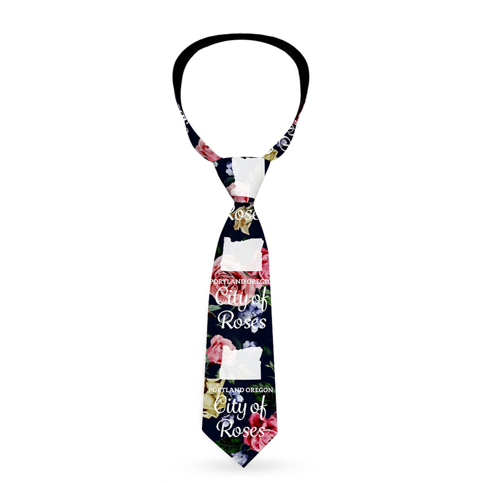 Buckle-Down Necktie - Oregon Silhouette/PORTLAND OREGON-CITY OF ROSES Roses/White Neckties Buckle-Down