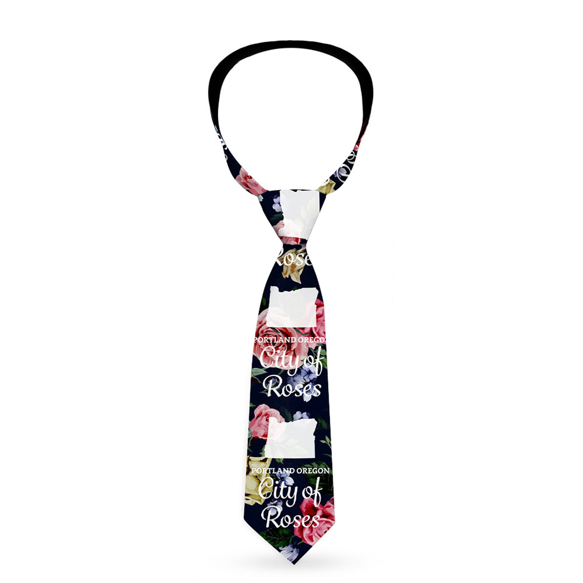 Buckle-Down Necktie - Oregon Silhouette/PORTLAND OREGON-CITY OF ROSES Roses/White Neckties Buckle-Down