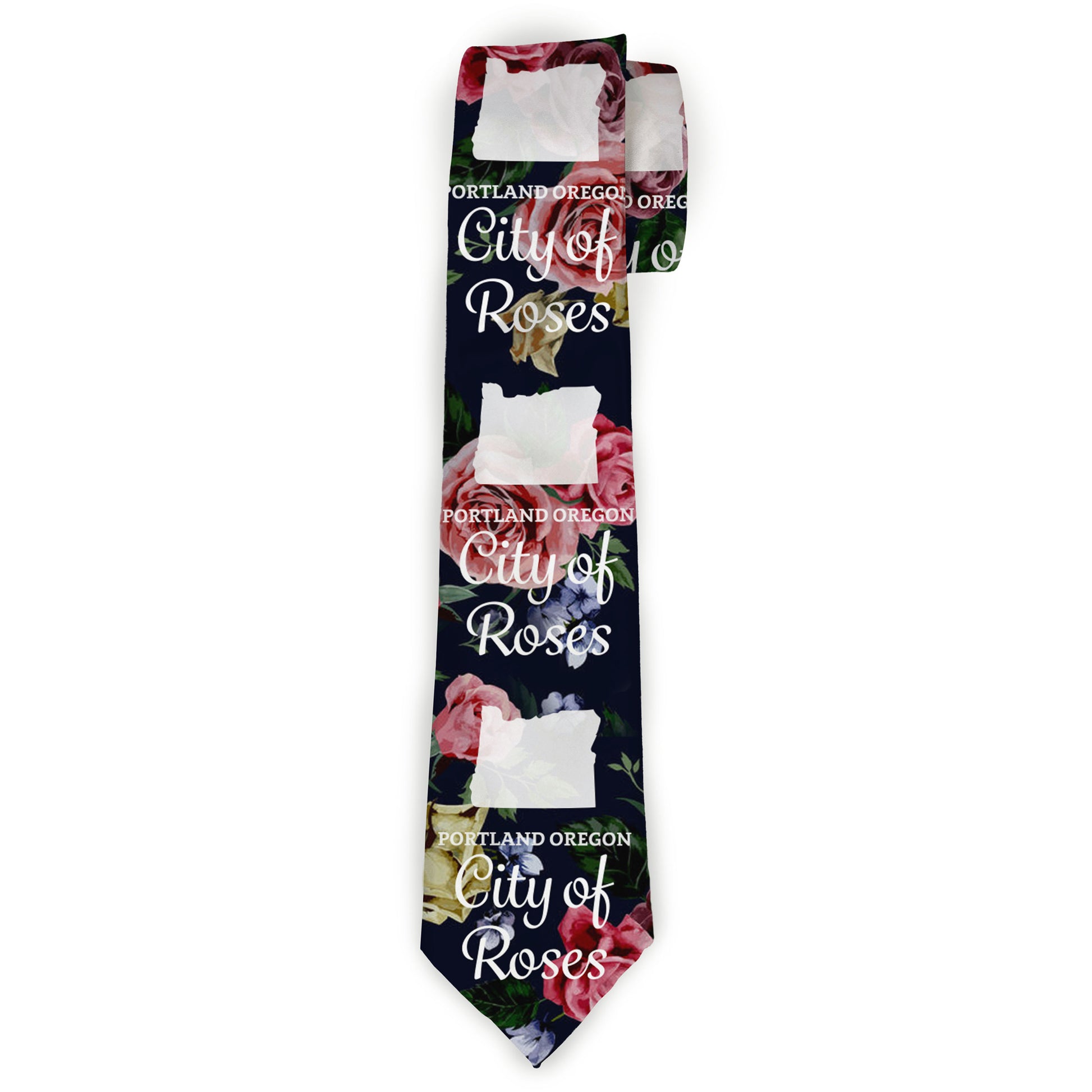 Buckle-Down Necktie - Oregon Silhouette/PORTLAND OREGON-CITY OF ROSES Roses/White Neckties Buckle-Down