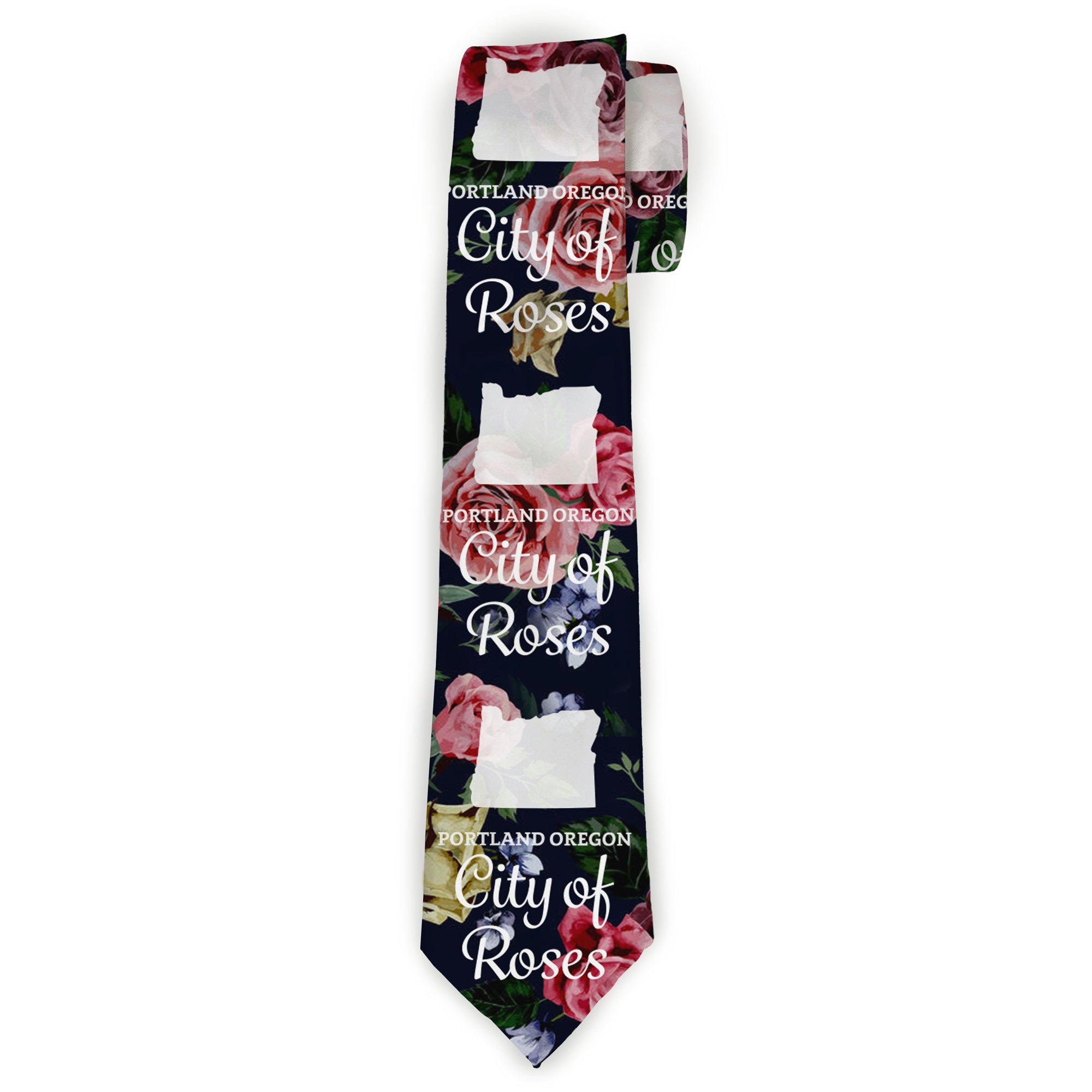 Buckle-Down Necktie - Oregon Silhouette/PORTLAND OREGON-CITY OF ROSES Roses/White Neckties Buckle-Down