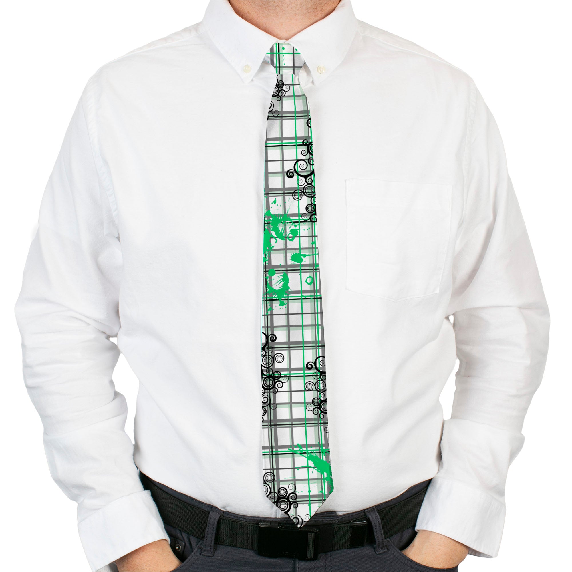 Buckle-Down Necktie - Plaid Curls White/Black/Gray/Green Neckties Buckle-Down