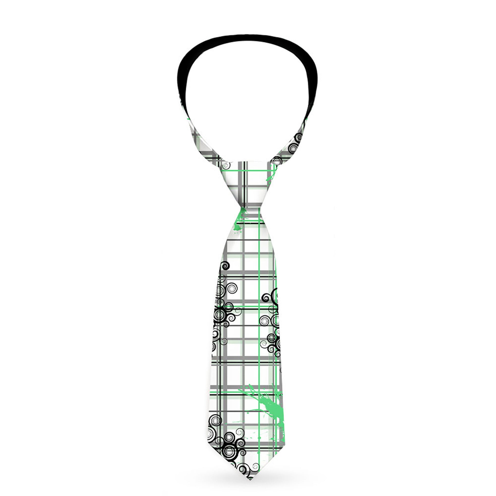 Buckle-Down Necktie - Plaid Curls White/Black/Gray/Green Neckties Buckle-Down