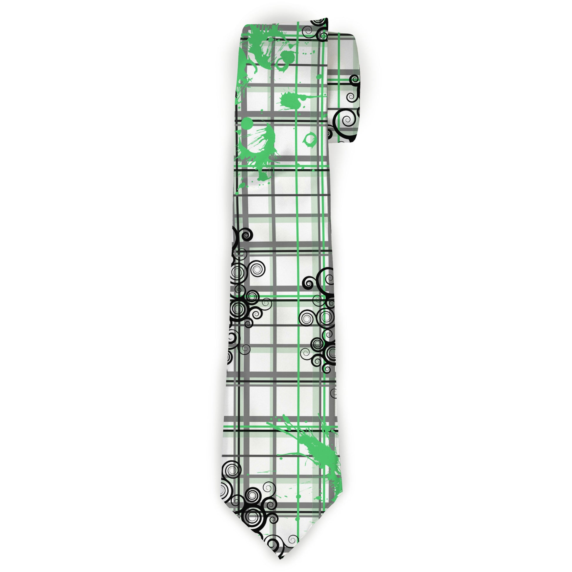Buckle-Down Necktie - Plaid Curls White/Black/Gray/Green Neckties Buckle-Down