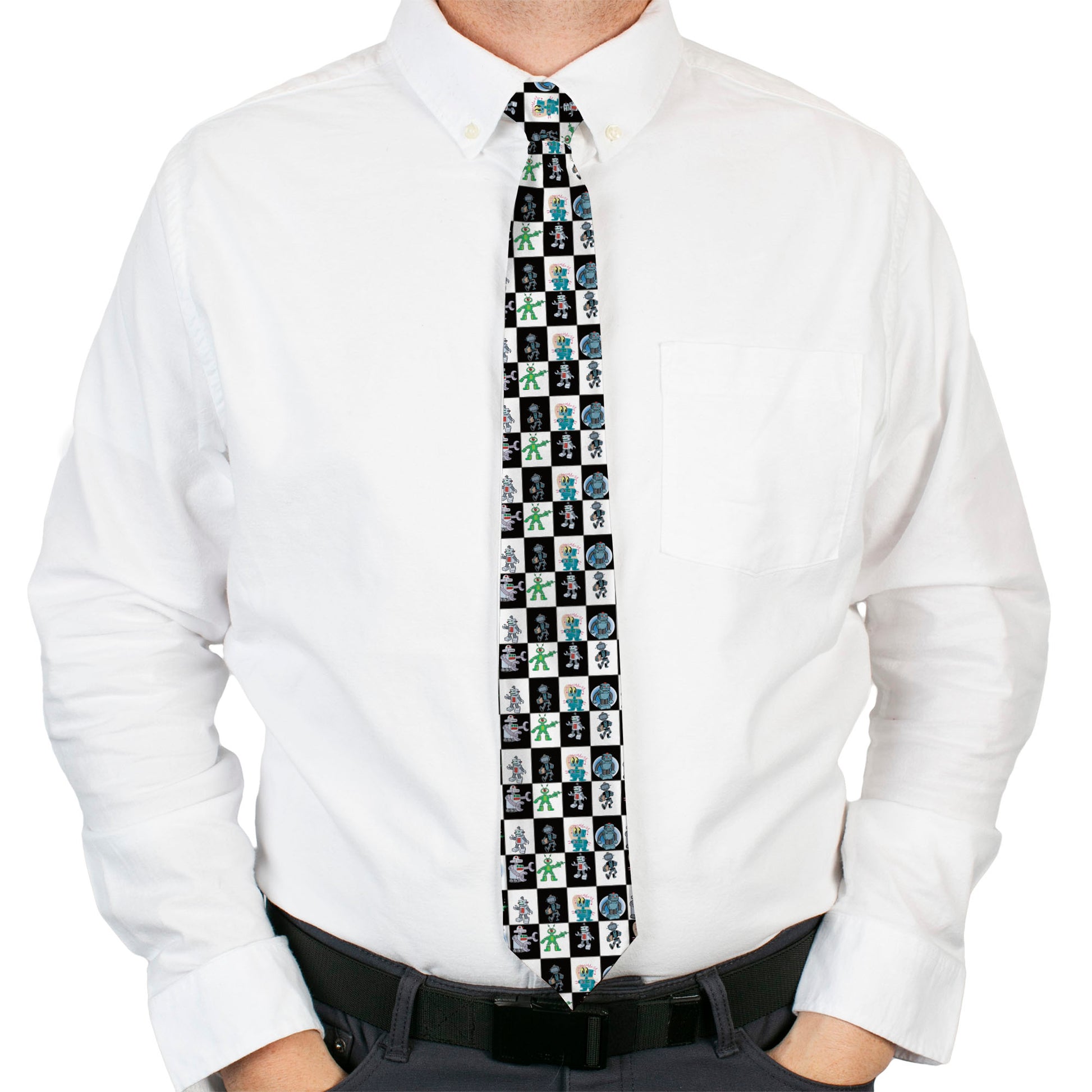 Buckle-Down Necktie - Robot Checkers Black/White Neckties Buckle-Down