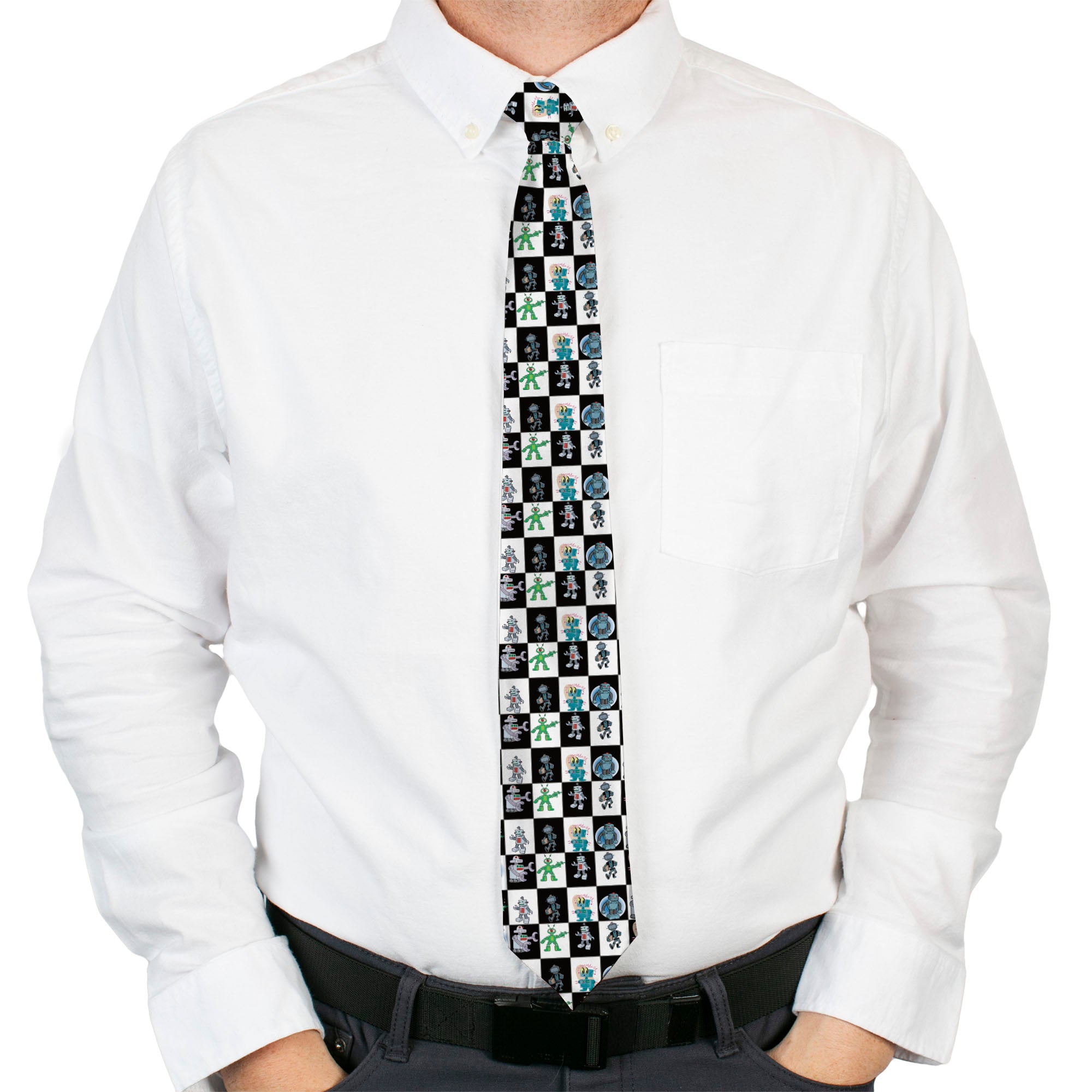 Buckle-Down Necktie - Robot Checkers Black/White Neckties Buckle-Down