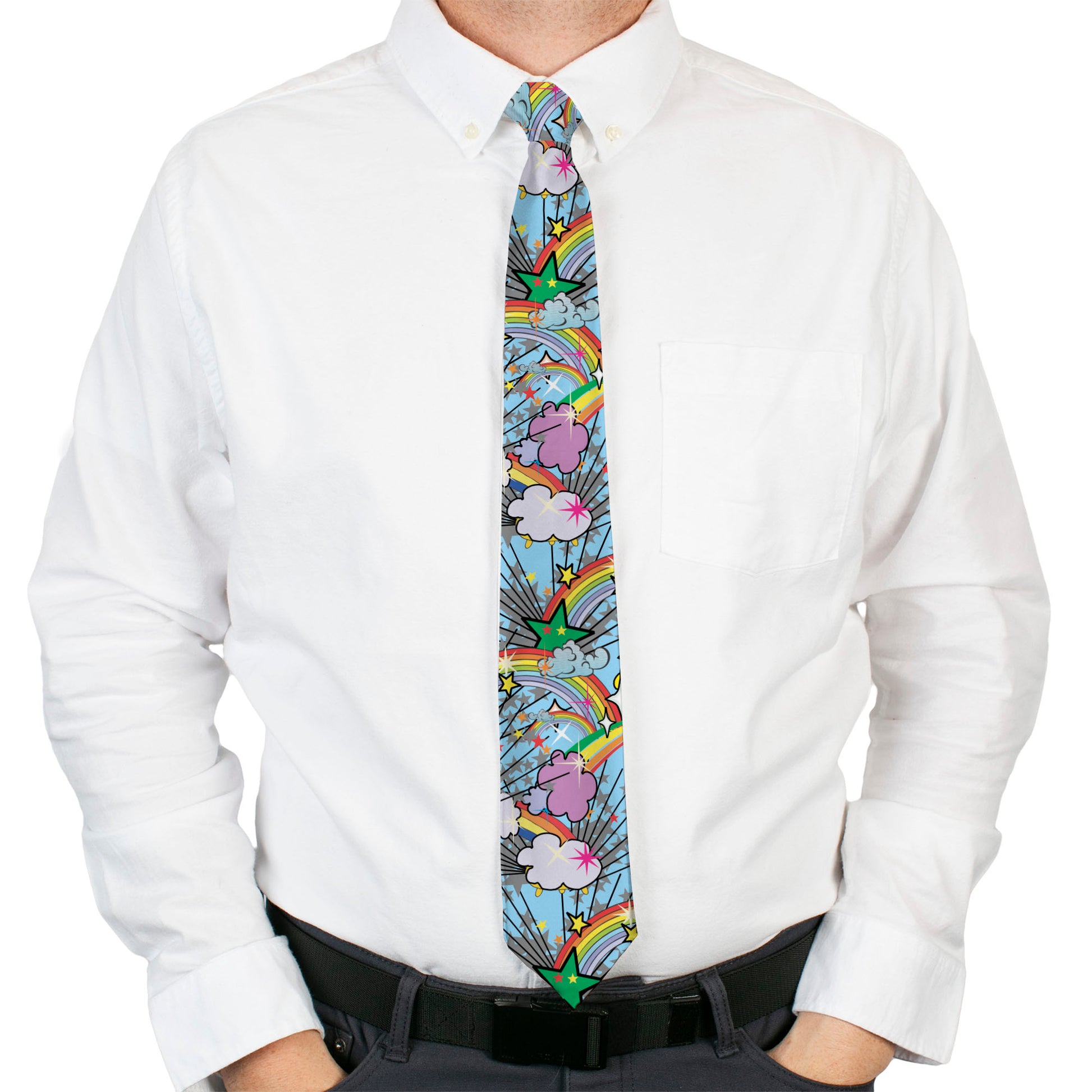 Buckle-Down Necktie - Rainbow Cloud Stars Baby Blue Neckties Buckle-Down