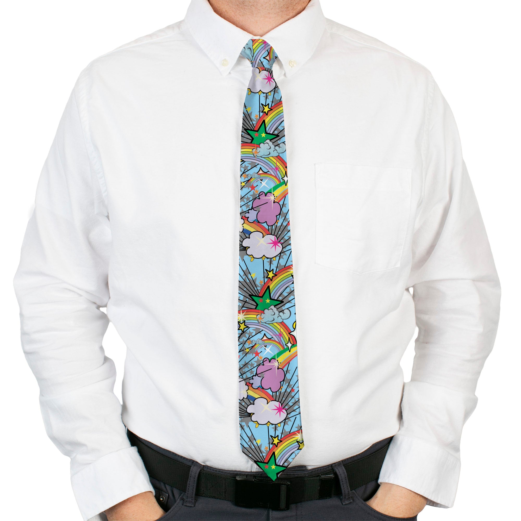 Buckle-Down Necktie - Rainbow Cloud Stars Baby Blue Neckties Buckle-Down