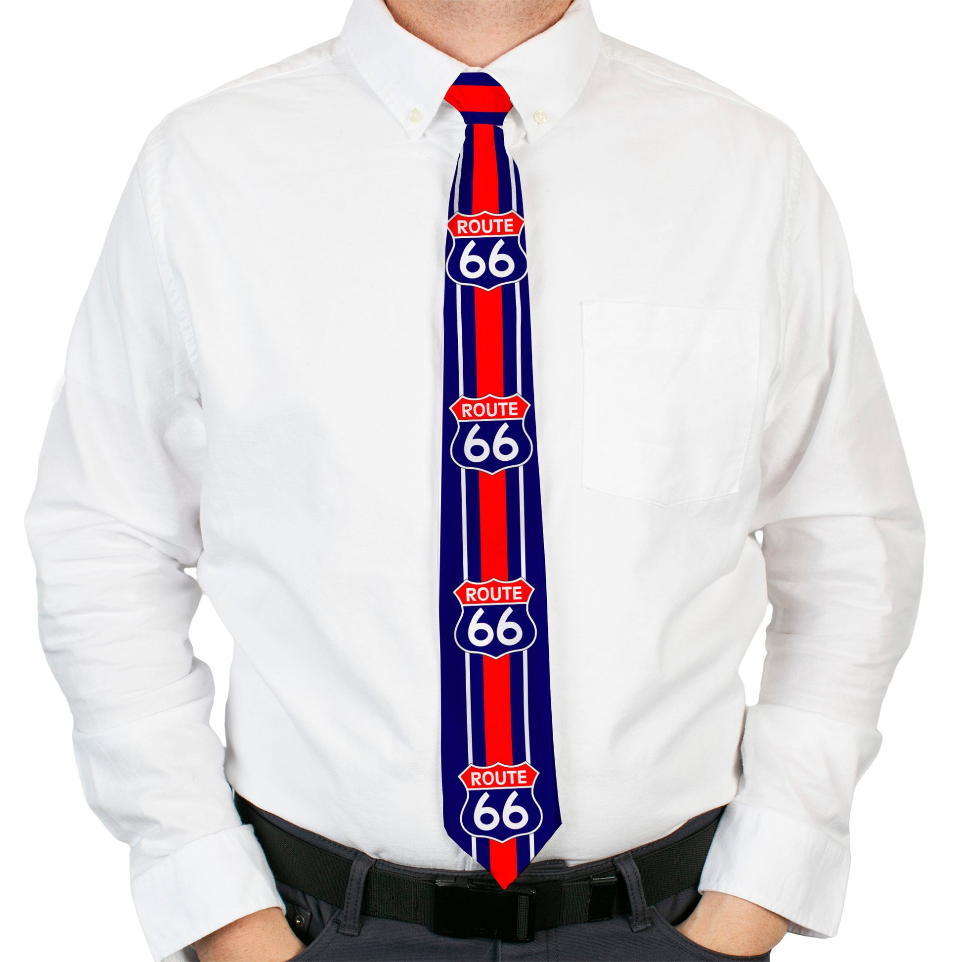 Buckle-Down Necktie - ROUTE 66 Highway Sign/Stripe Blue/White/Red Neckties Buckle-Down