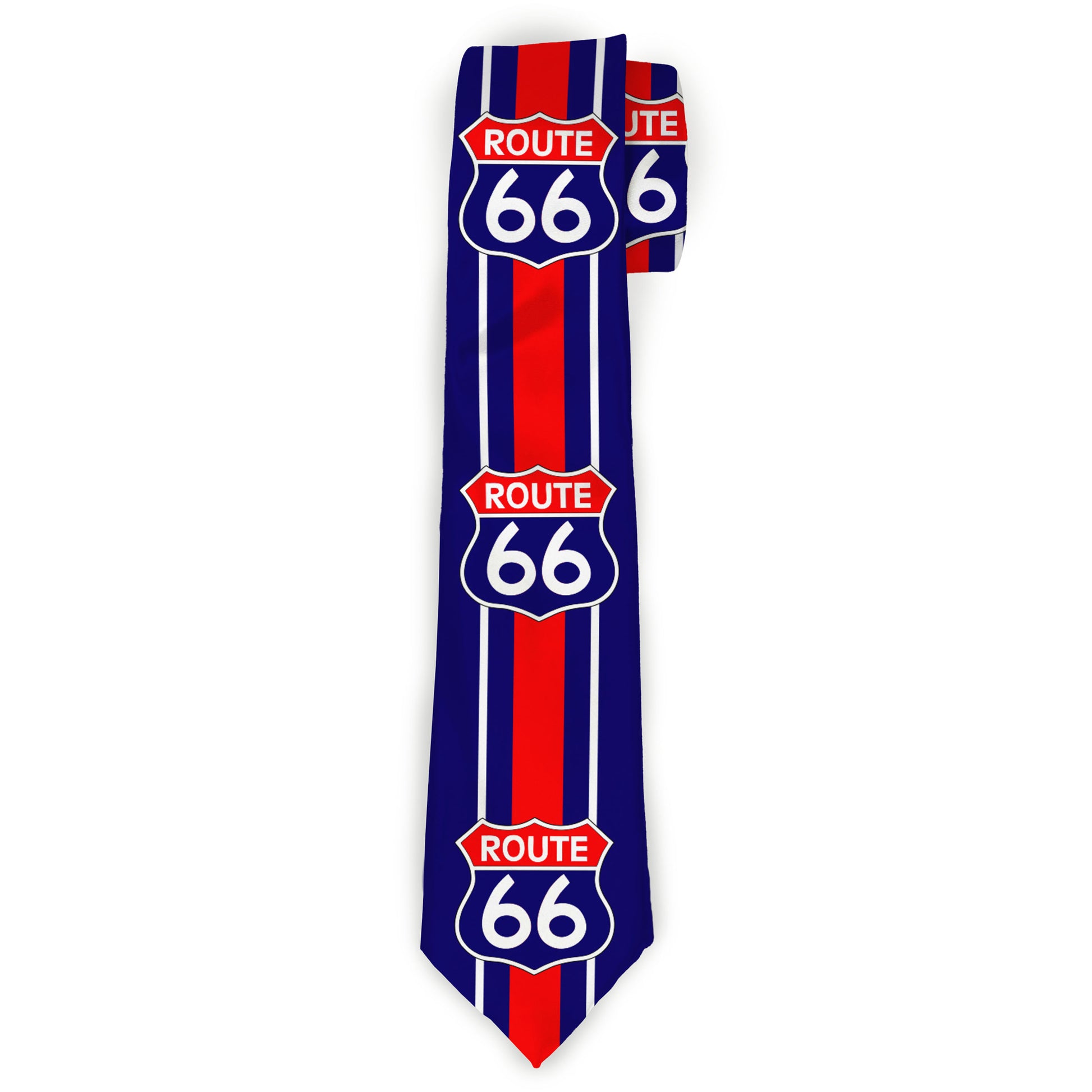 Buckle-Down Necktie - ROUTE 66 Highway Sign/Stripe Blue/White/Red Neckties Buckle-Down