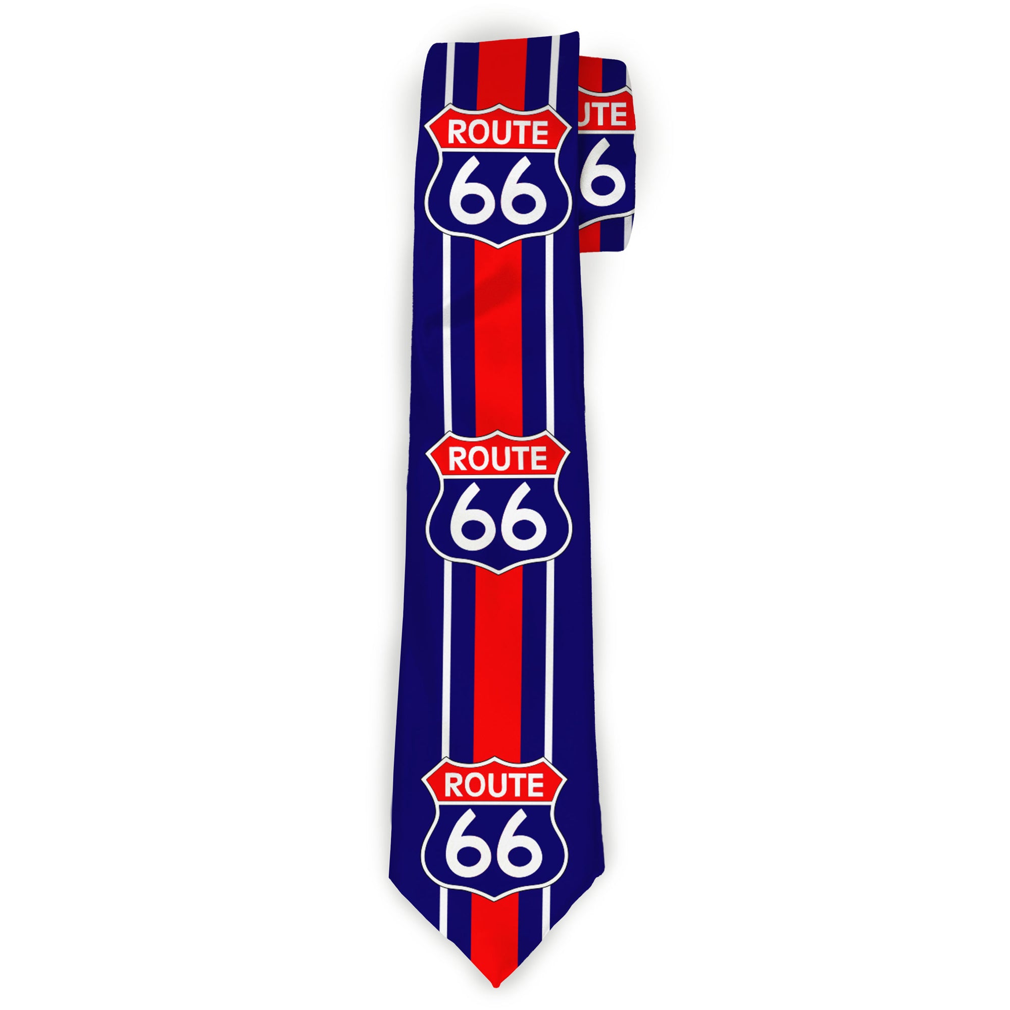 Buckle-Down Necktie - ROUTE 66 Highway Sign/Stripe Blue/White/Red Neckties Buckle-Down
