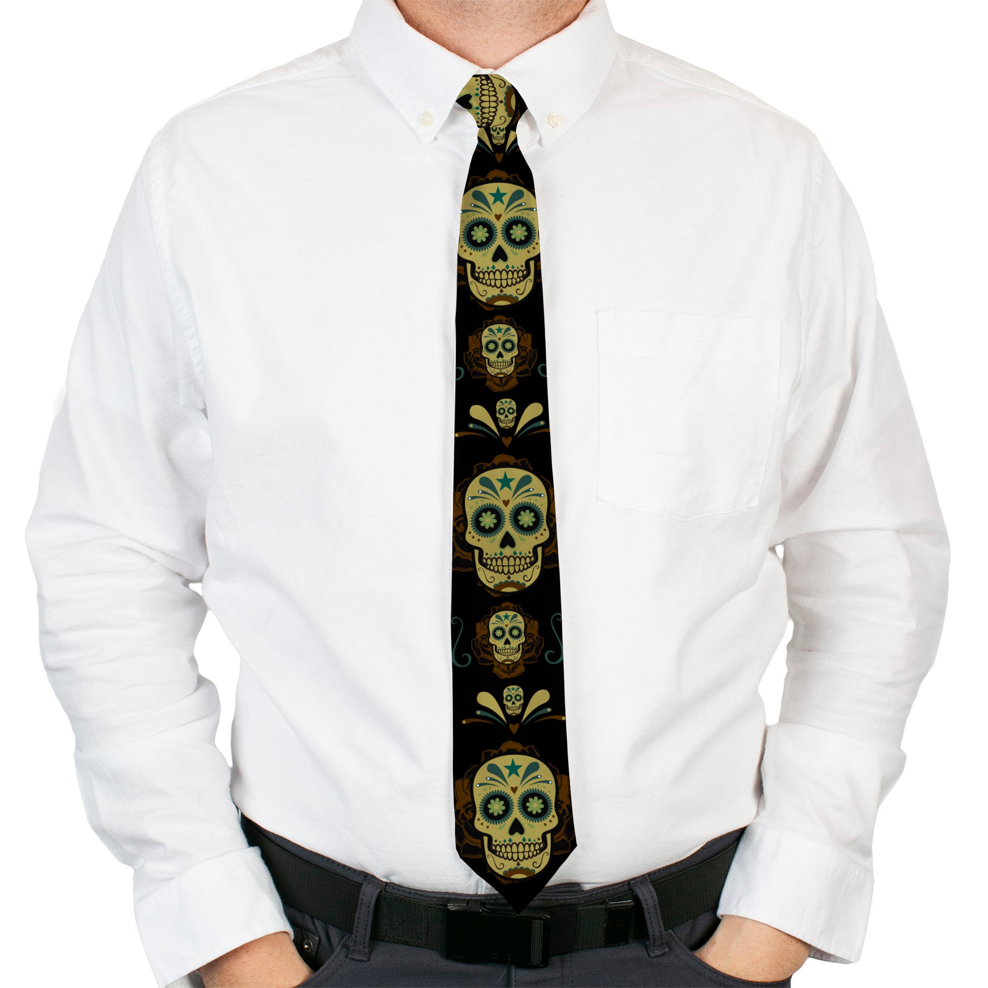 Buckle-Down Necktie - Sugar Skulls Black/Olive/Burgundy Neckties Buckle-Down