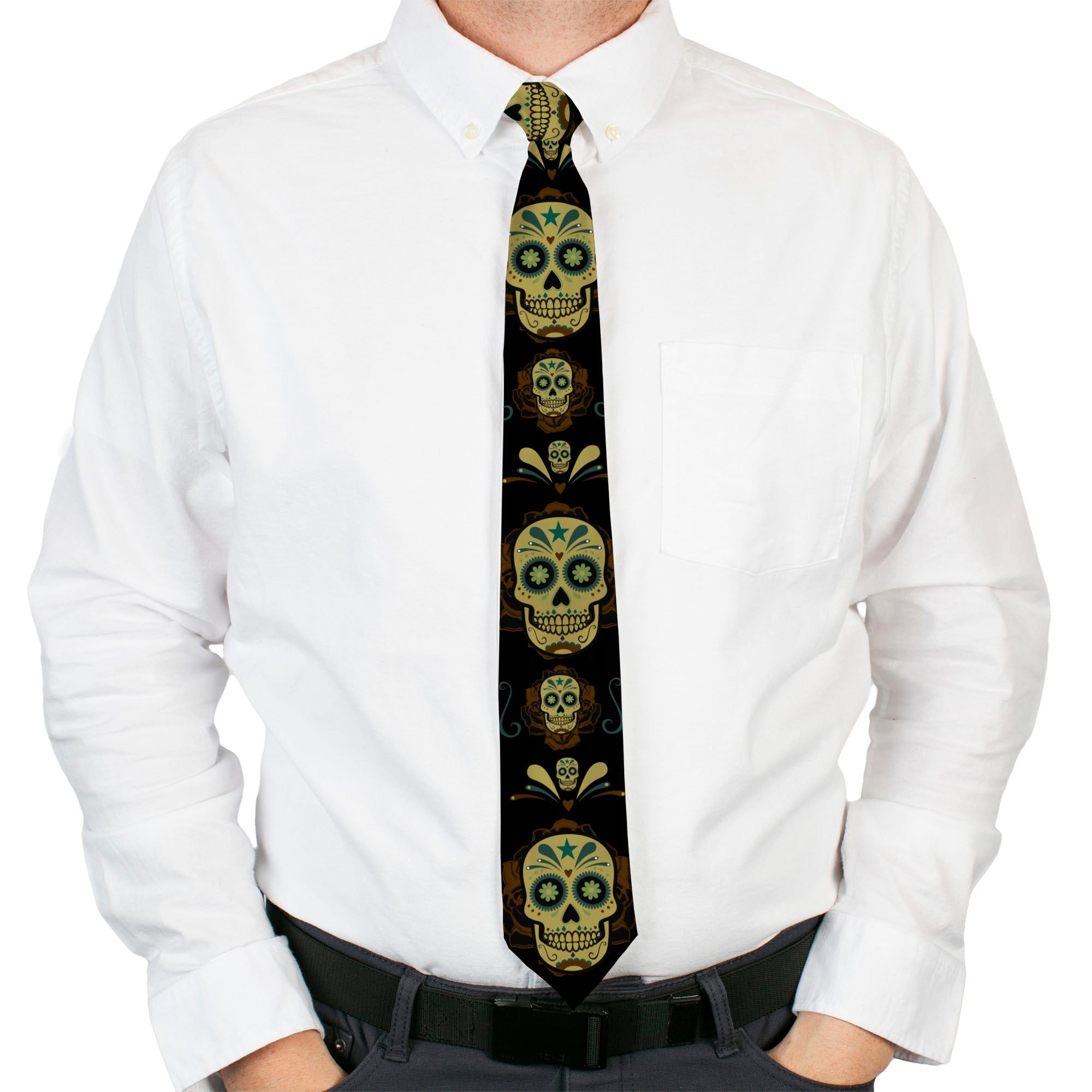Buckle-Down Necktie - Sugar Skulls Black/Olive/Burgundy Neckties Buckle-Down