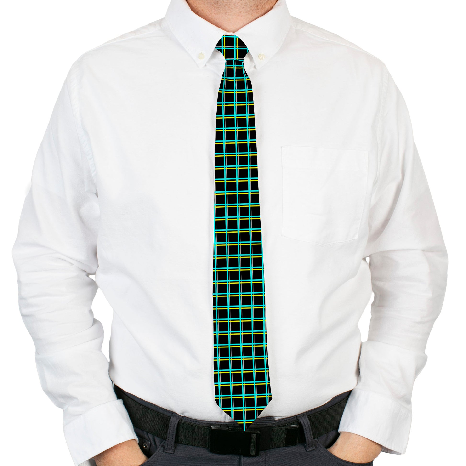 Buckle-Down Necktie - Wire Grid Black/Turquoise/Yellow Neckties Buckle-Down