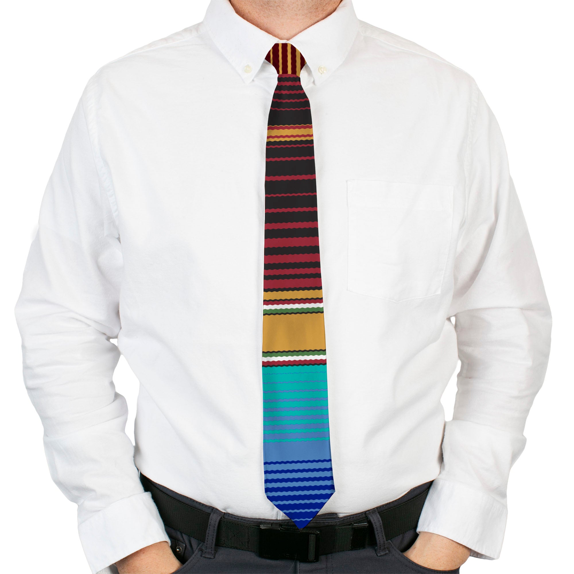 Buckle-Down Necktie - Zarape6 Vertical Stripe Gold/Blues/Black/Red Neckties Buckle-Down