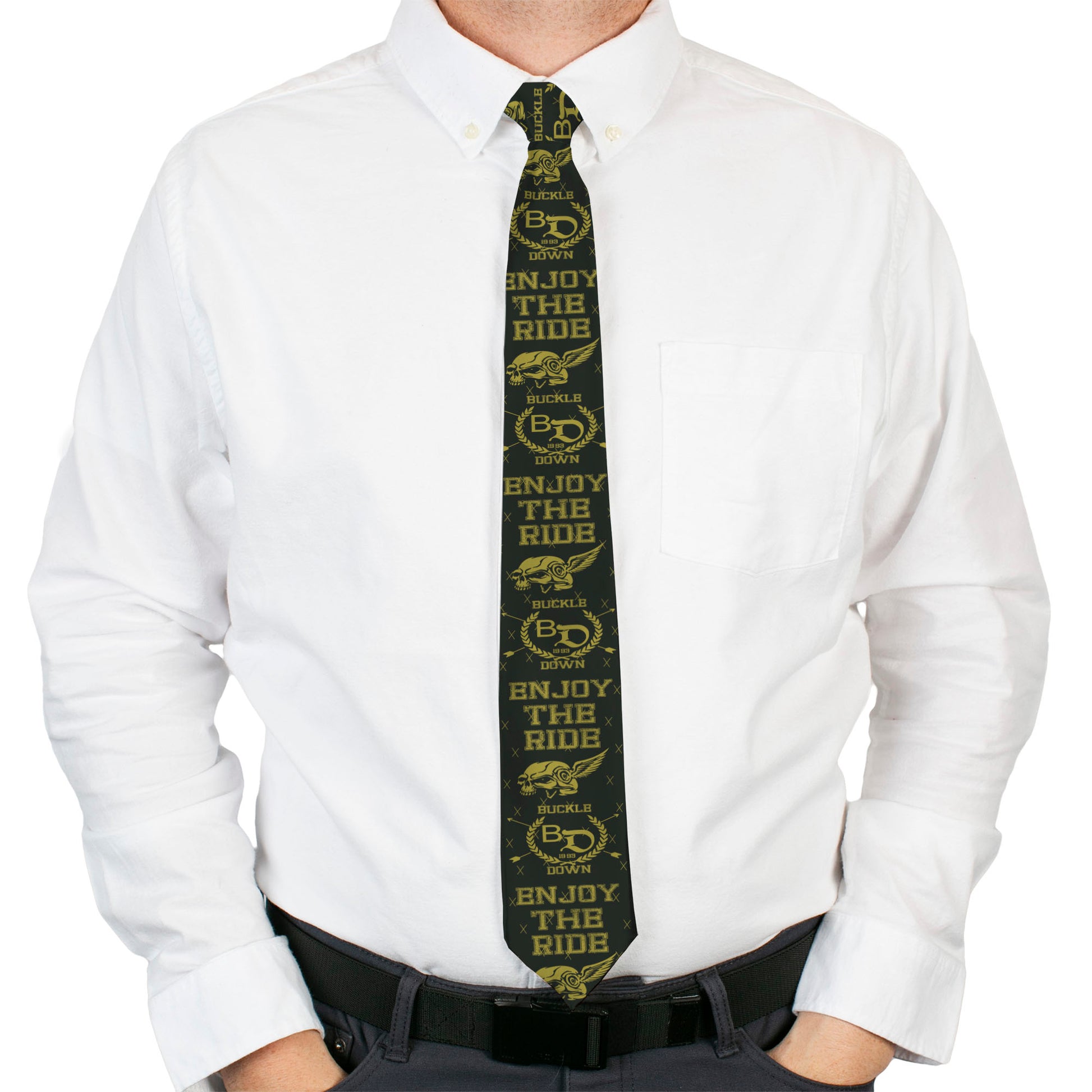 Buckle-Down Necktie - BD Winged Skull ENJOY THE RIDE Olive/Lime Green Neckties Buckle-Down