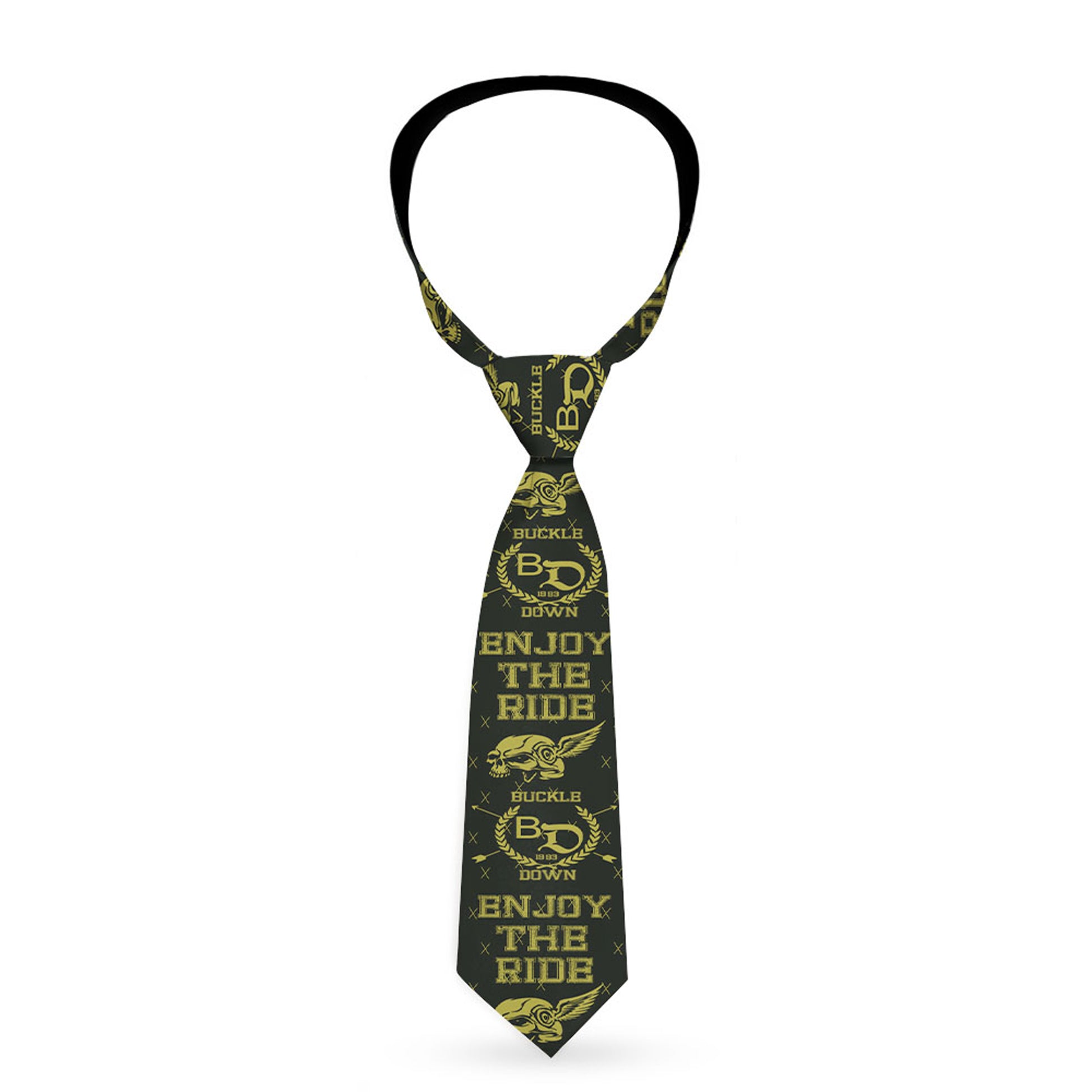 Buckle-Down Necktie - BD Winged Skull ENJOY THE RIDE Olive/Lime Green Neckties Buckle-Down