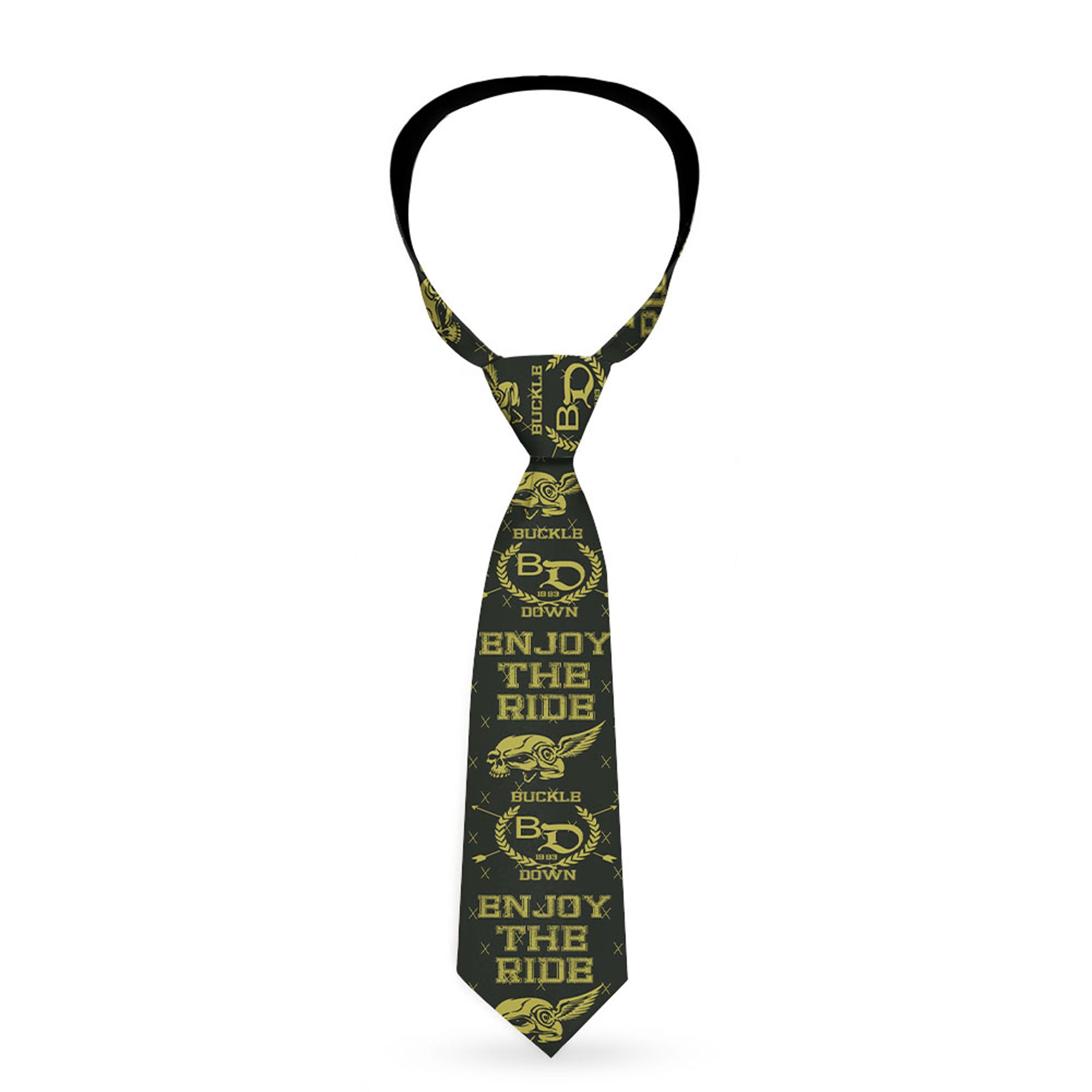 Buckle-Down Necktie - BD Winged Skull ENJOY THE RIDE Olive/Lime Green Neckties Buckle-Down