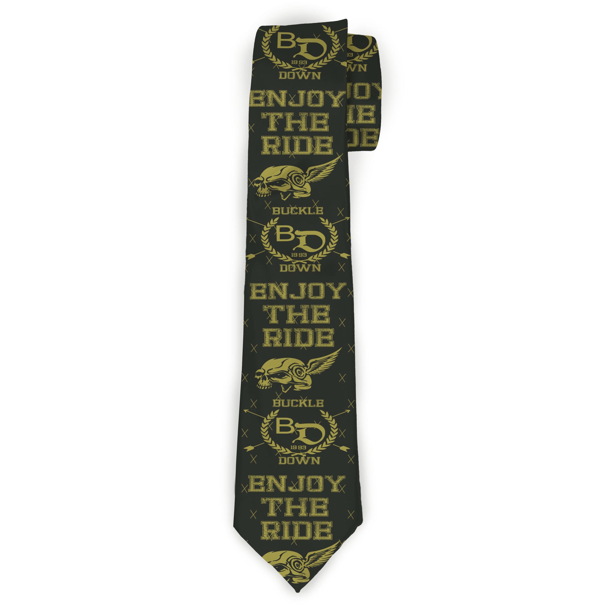 Buckle-Down Necktie - BD Winged Skull ENJOY THE RIDE Olive/Lime Green Neckties Buckle-Down