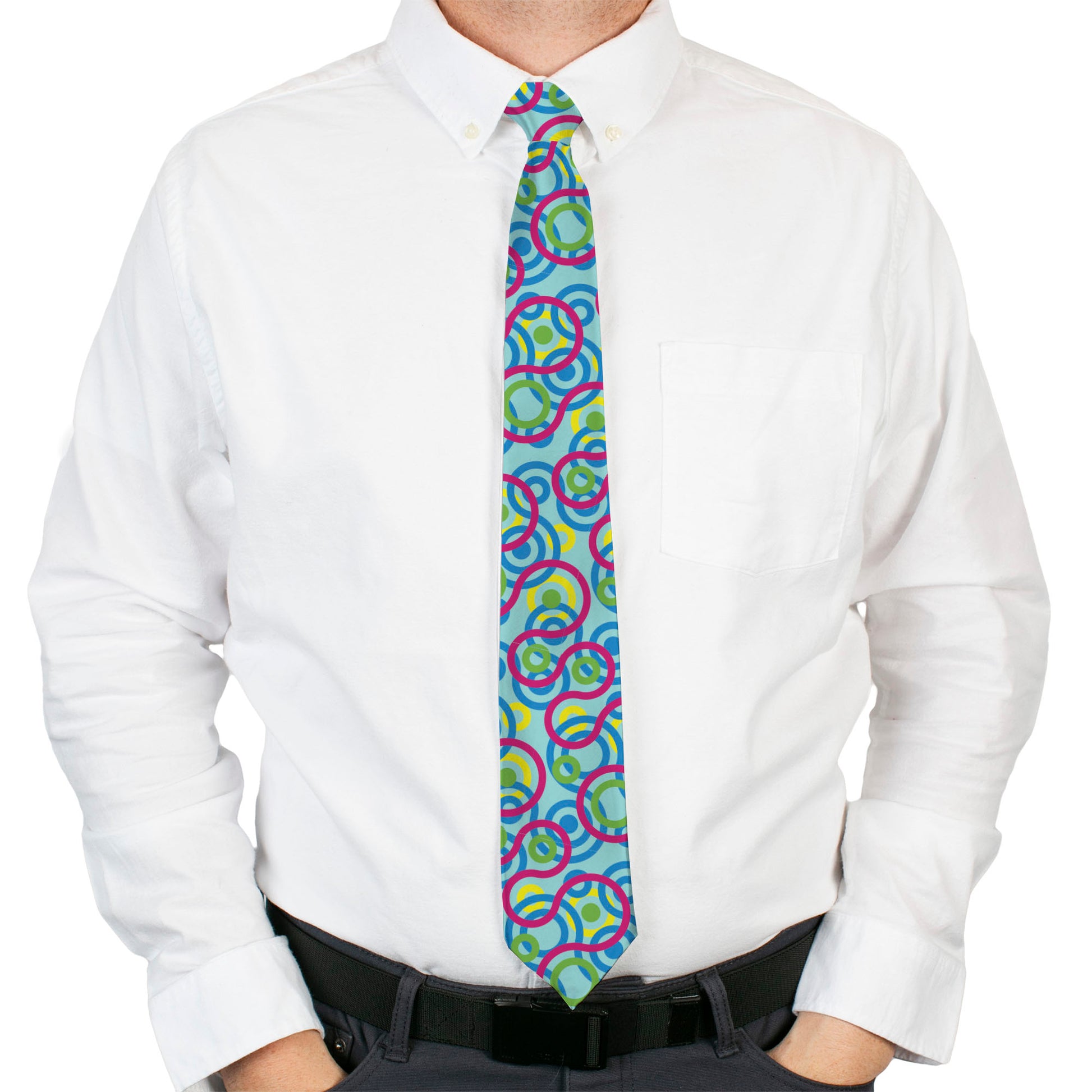 Buckle-Down Necktie - Bullseye Stacked Swirl Blues/Green/Yellow/Pink Neckties Buckle-Down