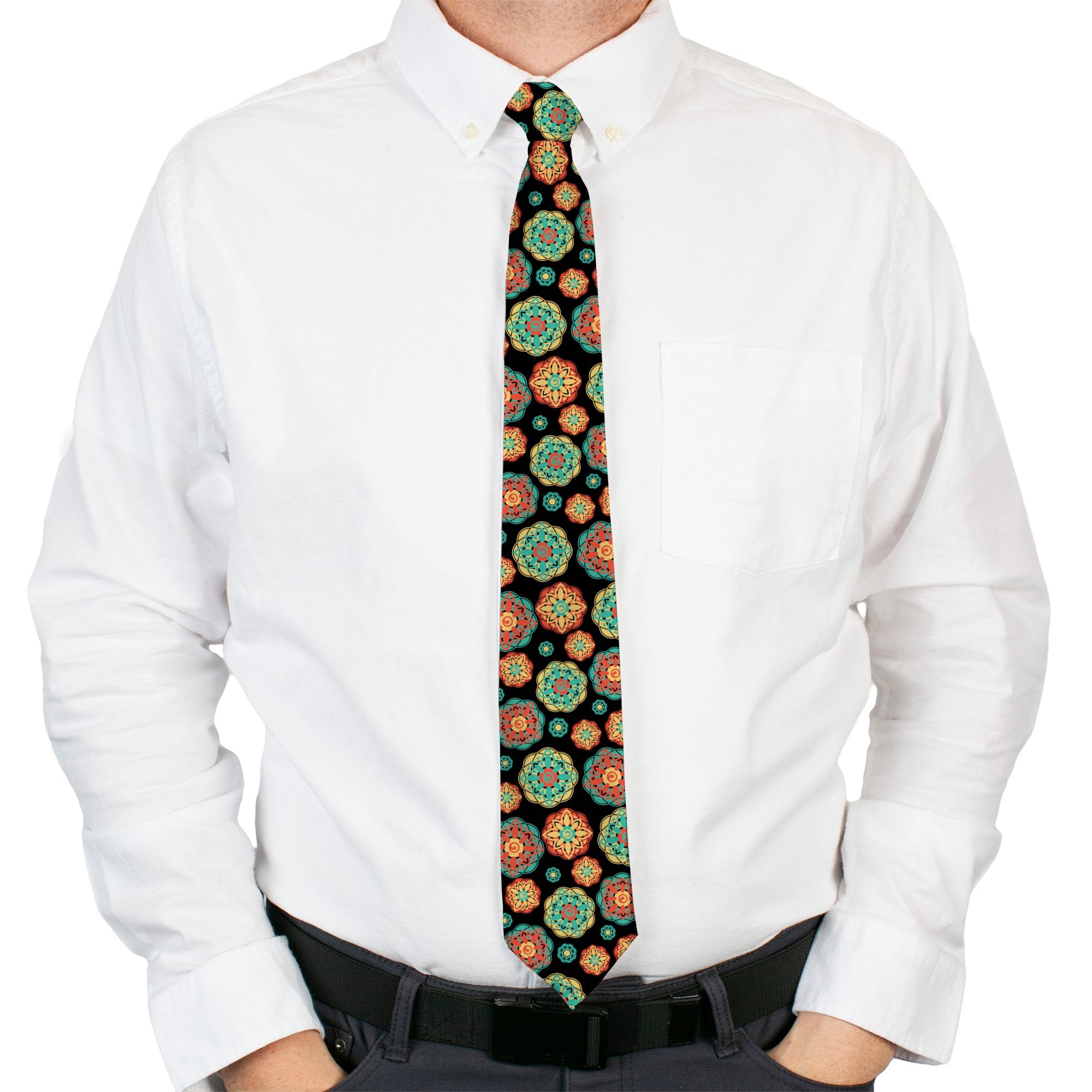 Buckle-Down Necktie - Boho Mandala Black/Yellow/Turquoise/Orange Neckties Buckle-Down