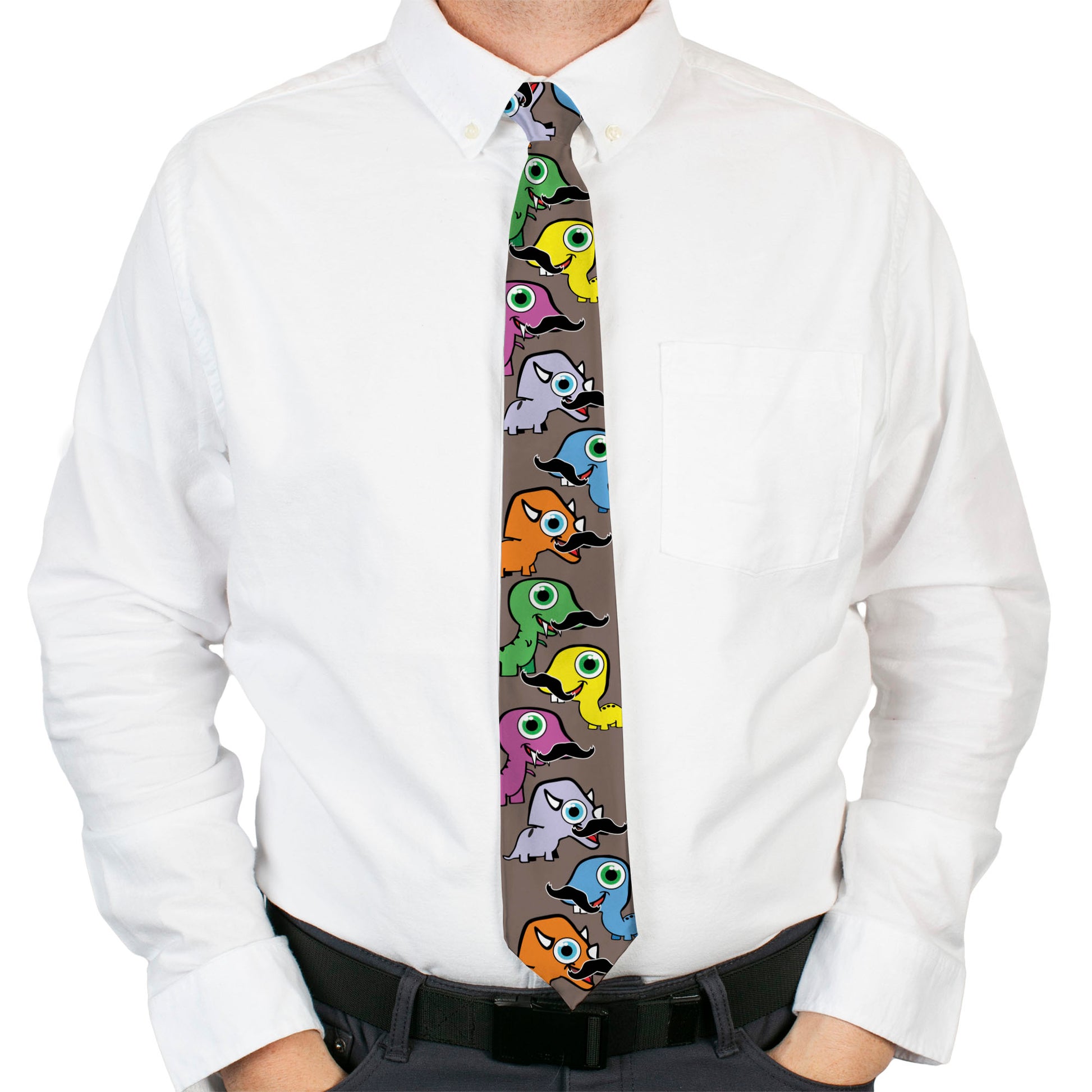 Buckle-Down Necktie - Cute Dinosaurs w/Mustaches Gray Neckties Buckle-Down