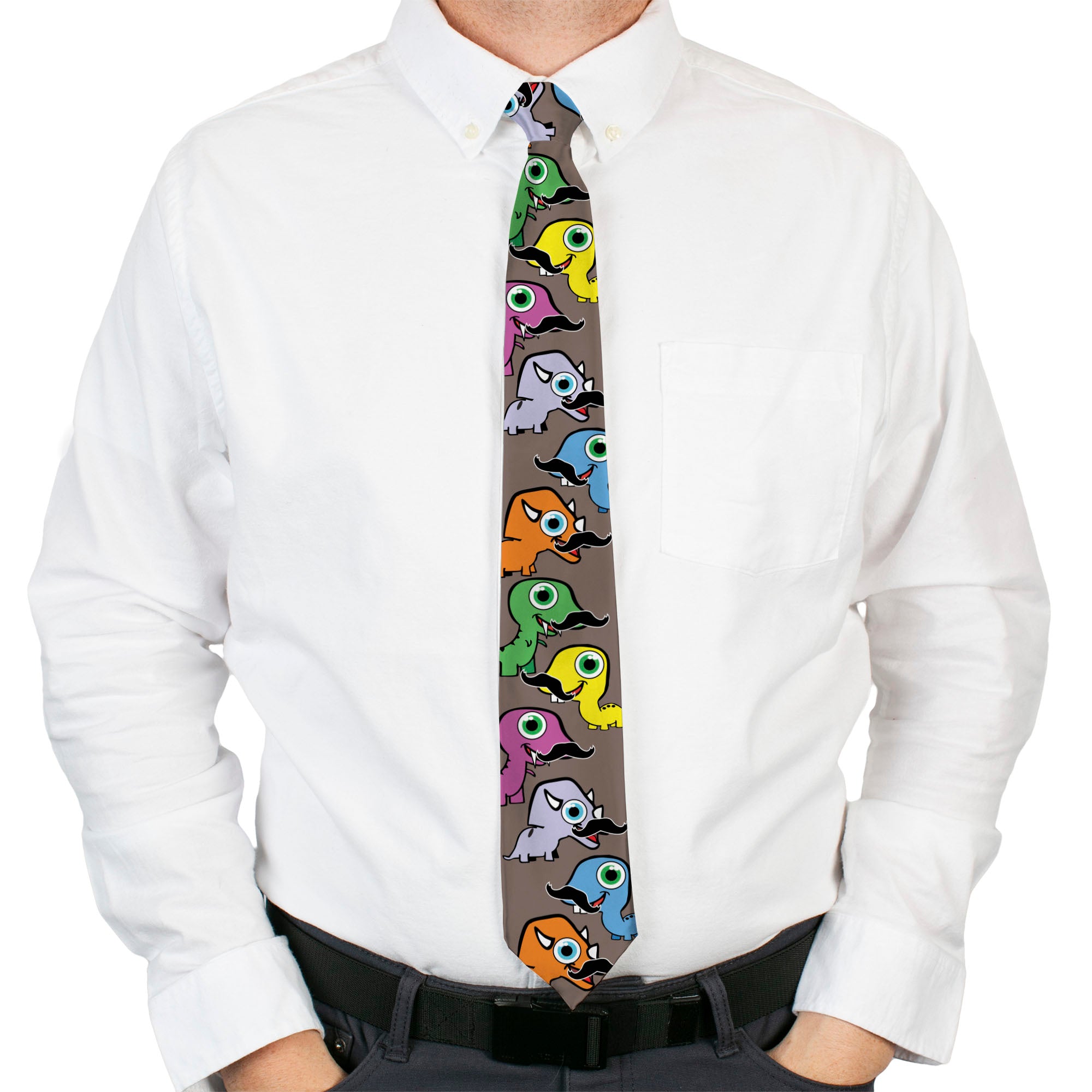 Buckle-Down Necktie - Cute Dinosaurs w/Mustaches Gray Neckties Buckle-Down
