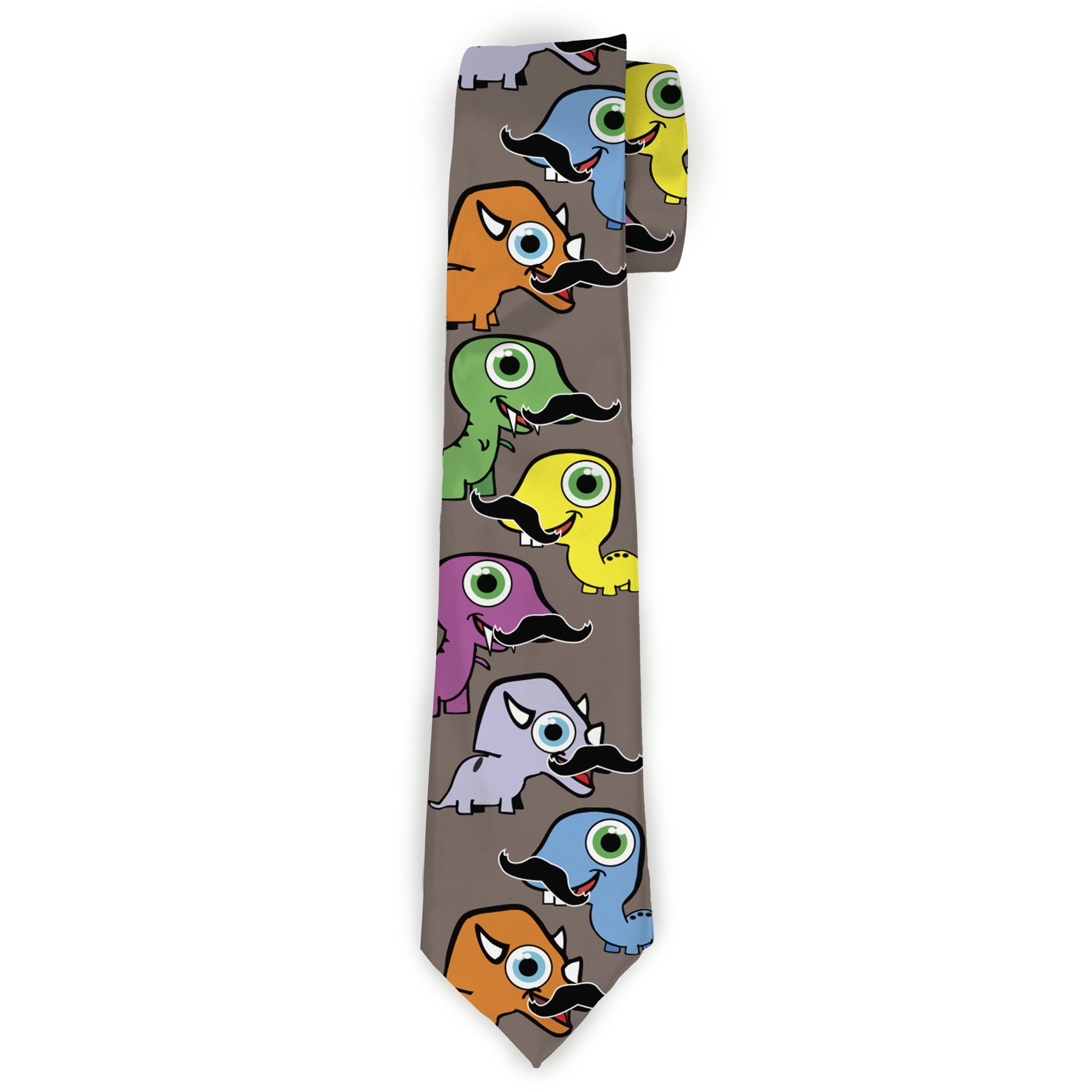 Buckle-Down Necktie - Cute Dinosaurs w/Mustaches Gray Neckties Buckle-Down