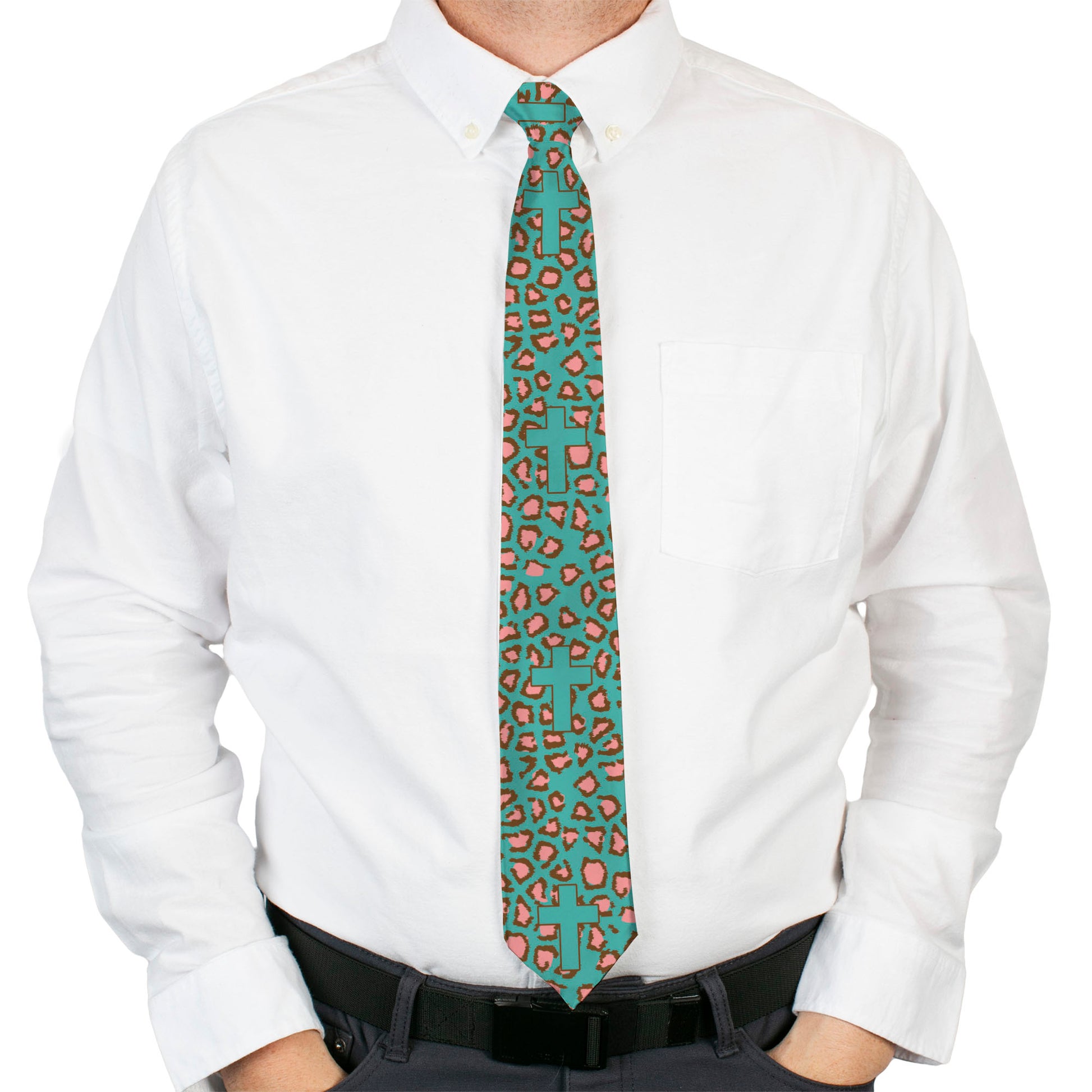 Buckle-Down Necktie - Cross Repeat Leopard Turquoise/Pink Neckties Buckle-Down