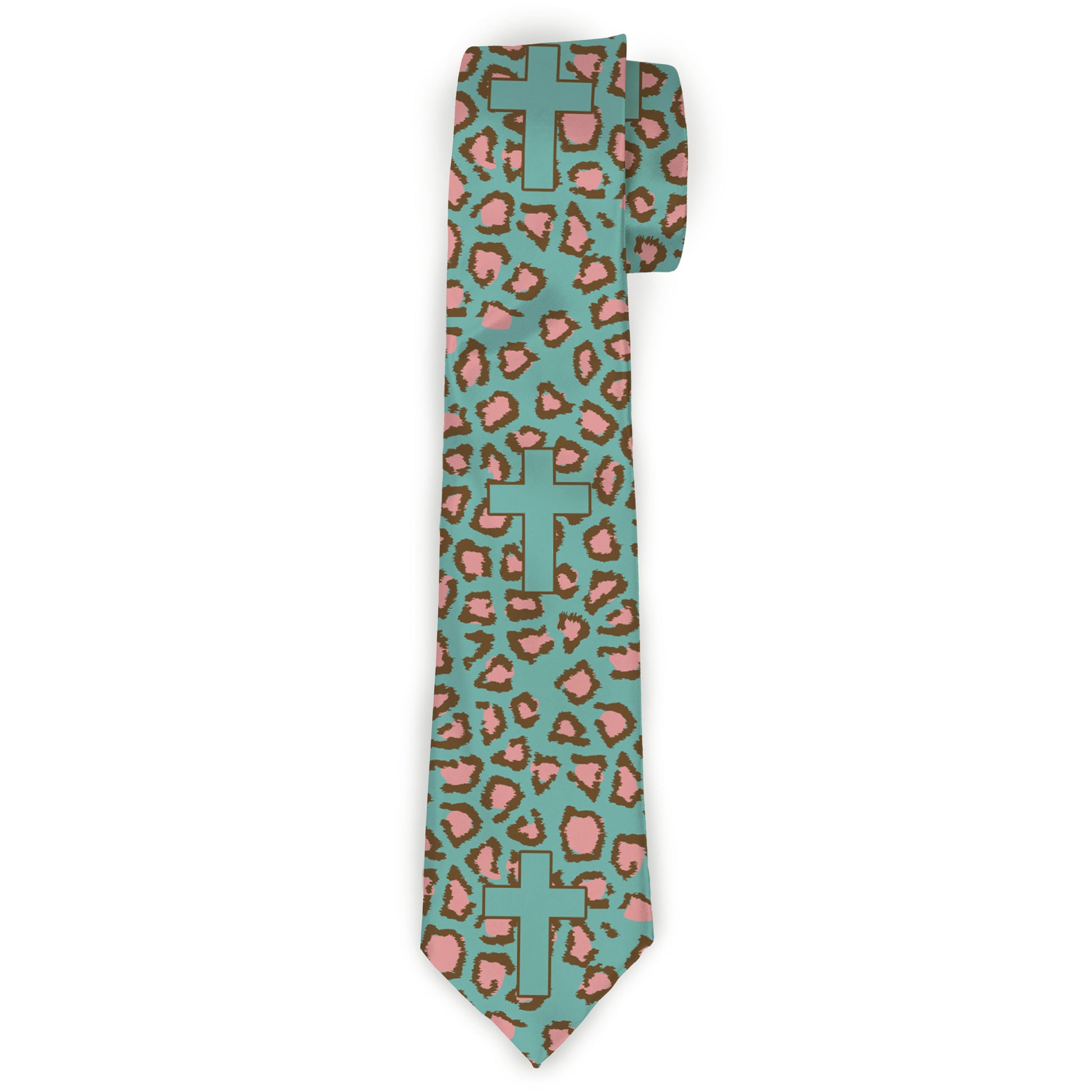 Buckle-Down Necktie - Cross Repeat Leopard Turquoise/Pink Neckties Buckle-Down