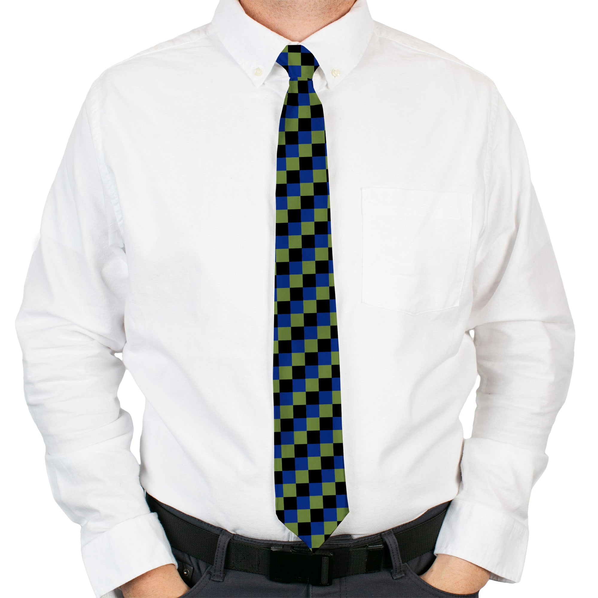 Buckle-Down Necktie - Checker Trio Green/Black/Blue Neckties Buckle-Down