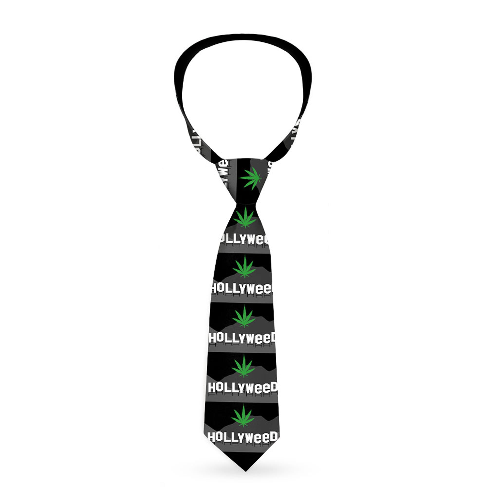 Buckle-Down Necktie - HOLLYWEED Sign Skyline/Pot Leaf Black/Grays/White/Green Neckties Buckle-Down