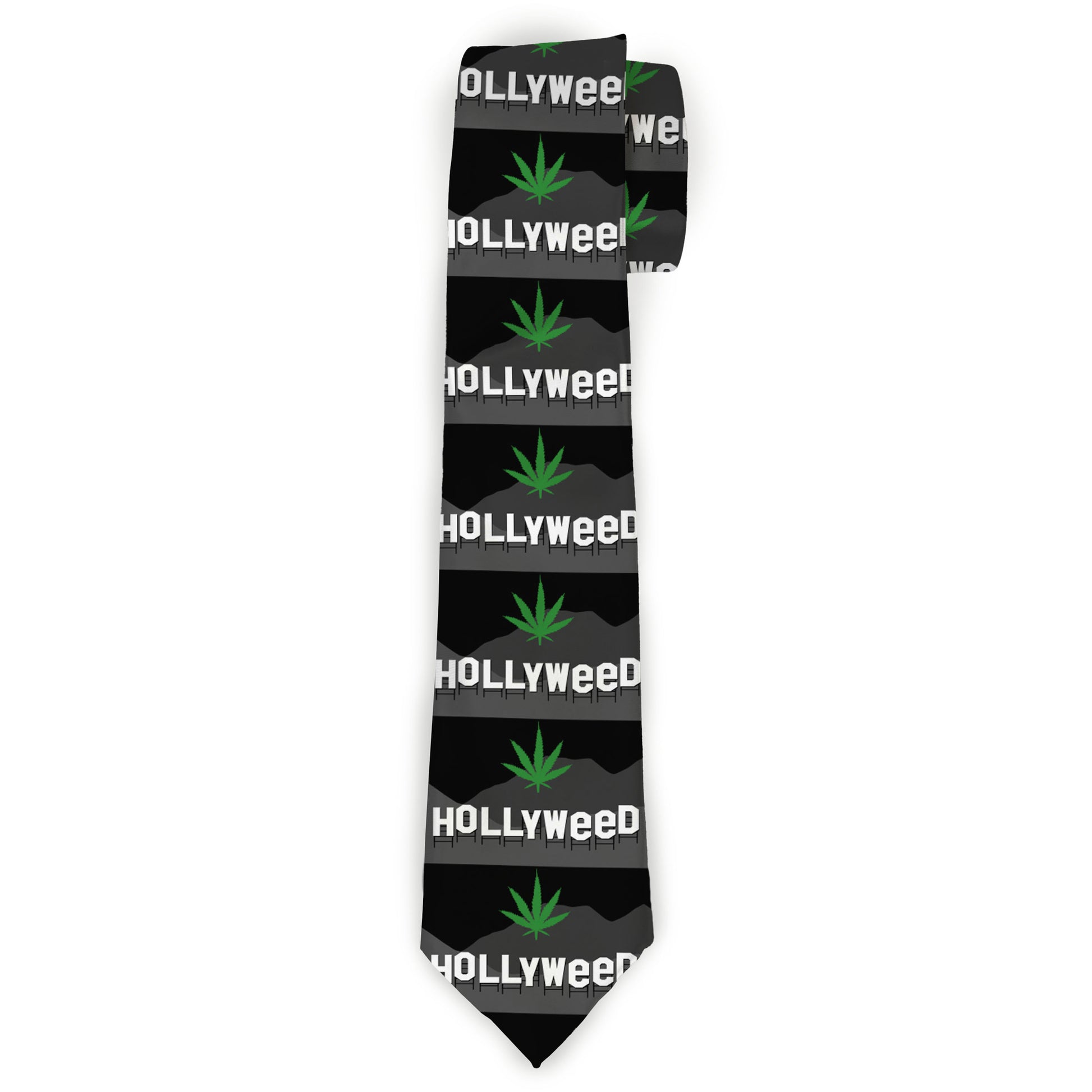 Buckle-Down Necktie - HOLLYWEED Sign Skyline/Pot Leaf Black/Grays/White/Green Neckties Buckle-Down
