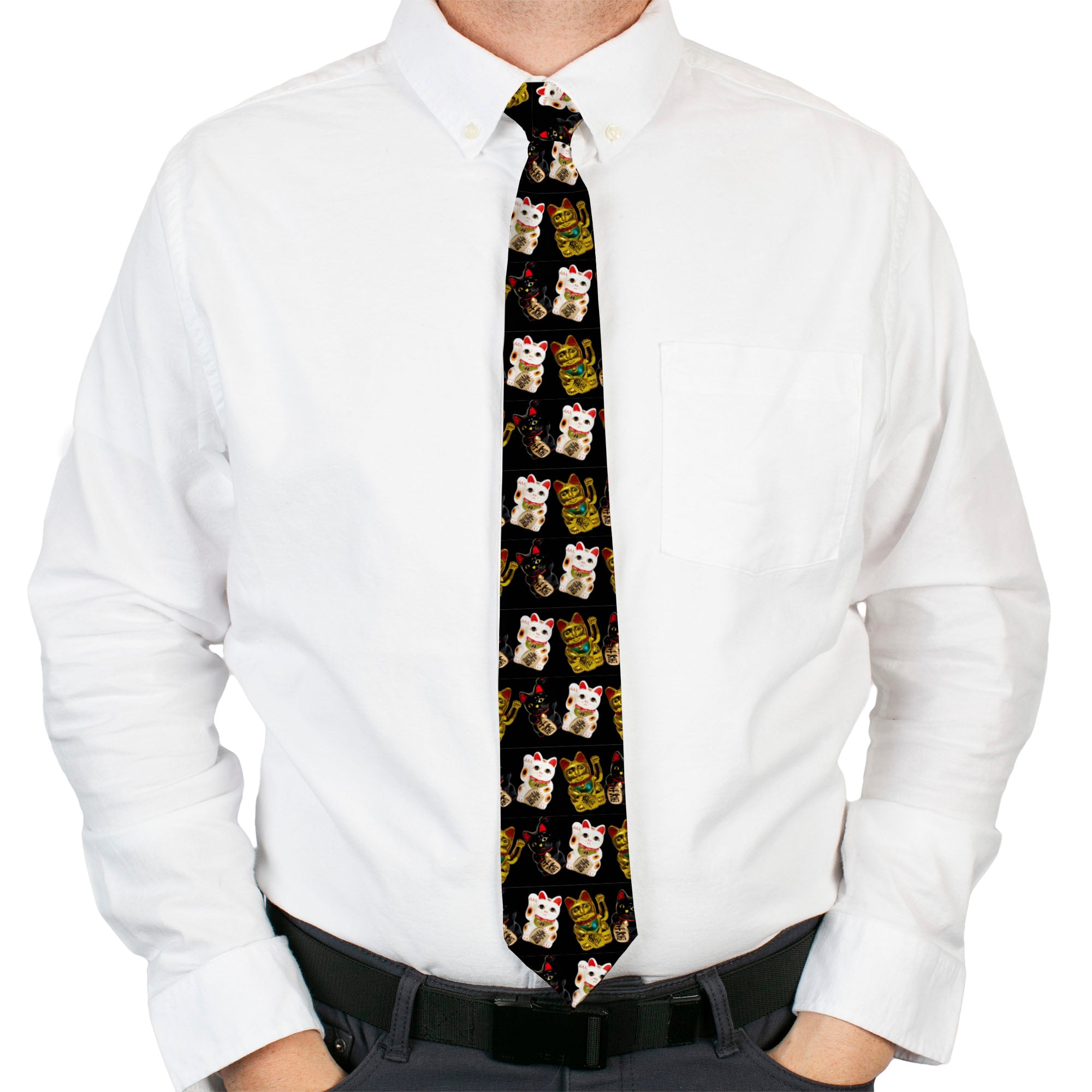 Buckle-Down Necktie - Maneki Neko Lucky Cats Gold/Black/White Neckties Buckle-Down
