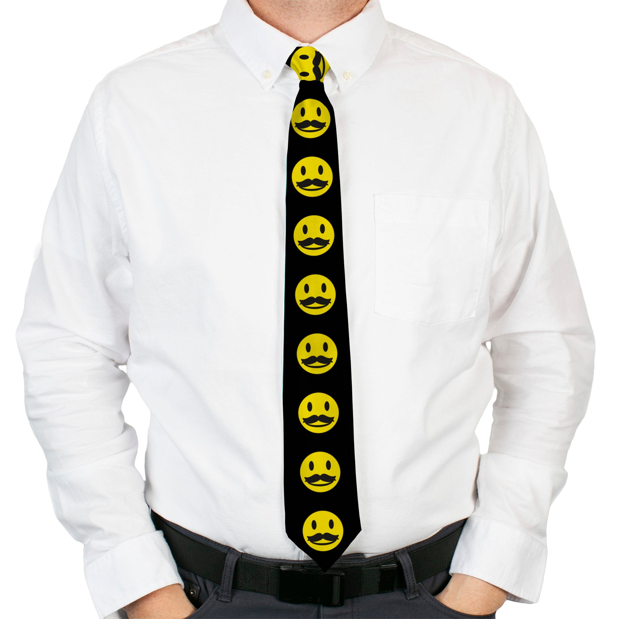 Buckle-Down Necktie - Mustache Happy Face2 Black/Yellow/Black Neckties Buckle-Down