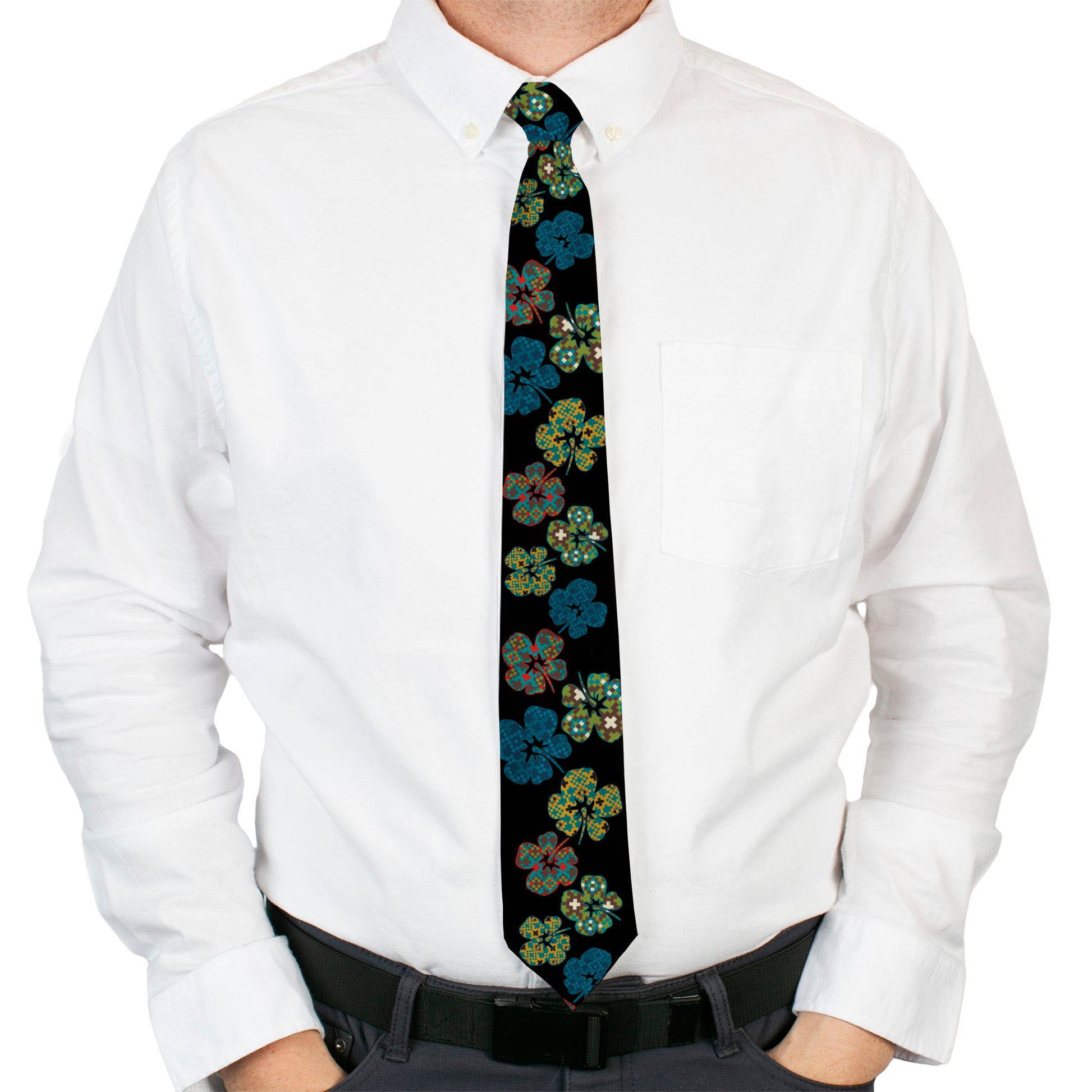 Buckle-Down Necktie - Pixilated Hibiscus Flowers Black/Multi Color Neckties Buckle-Down