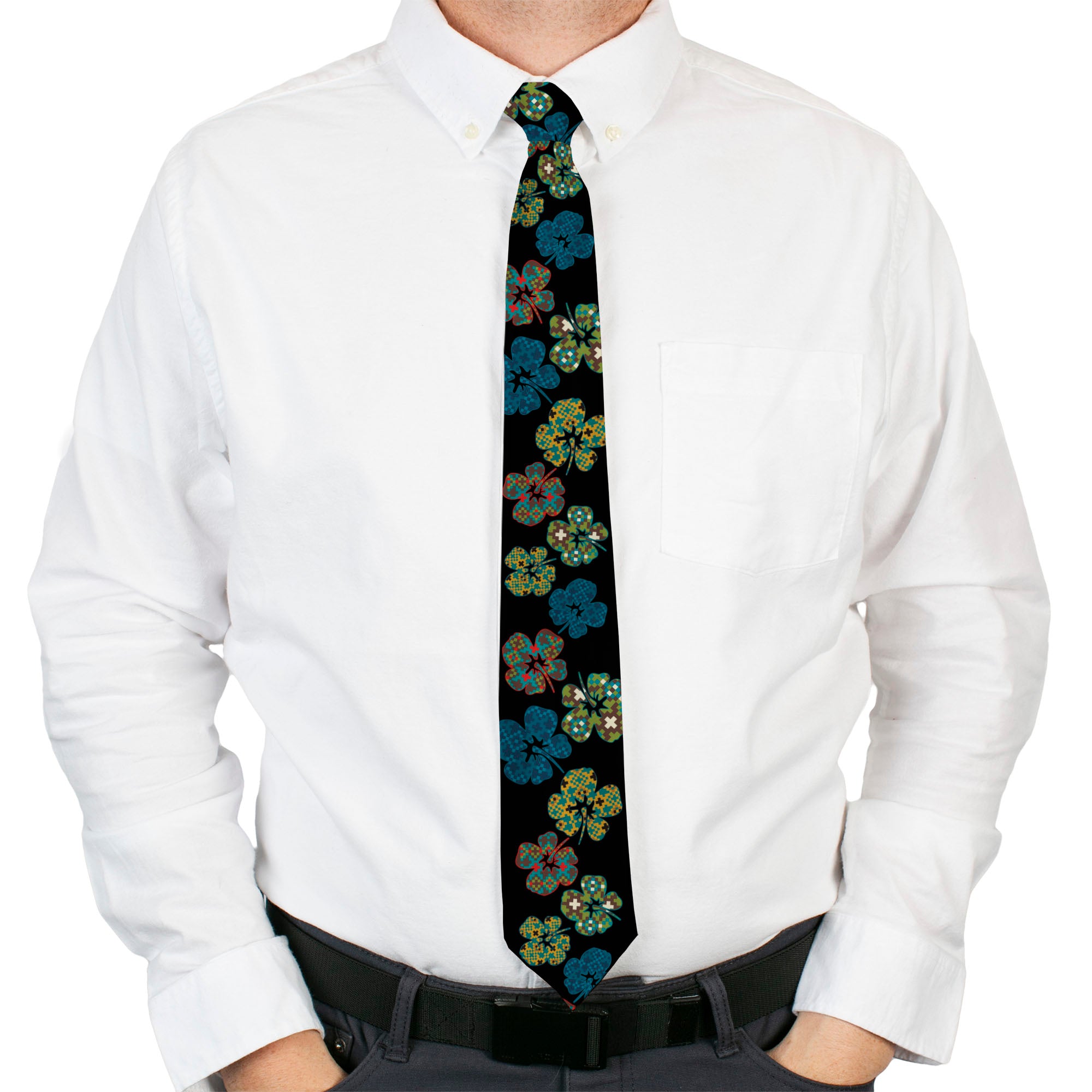 Buckle-Down Necktie - Pixilated Hibiscus Flowers Black/Multi Color Neckties Buckle-Down