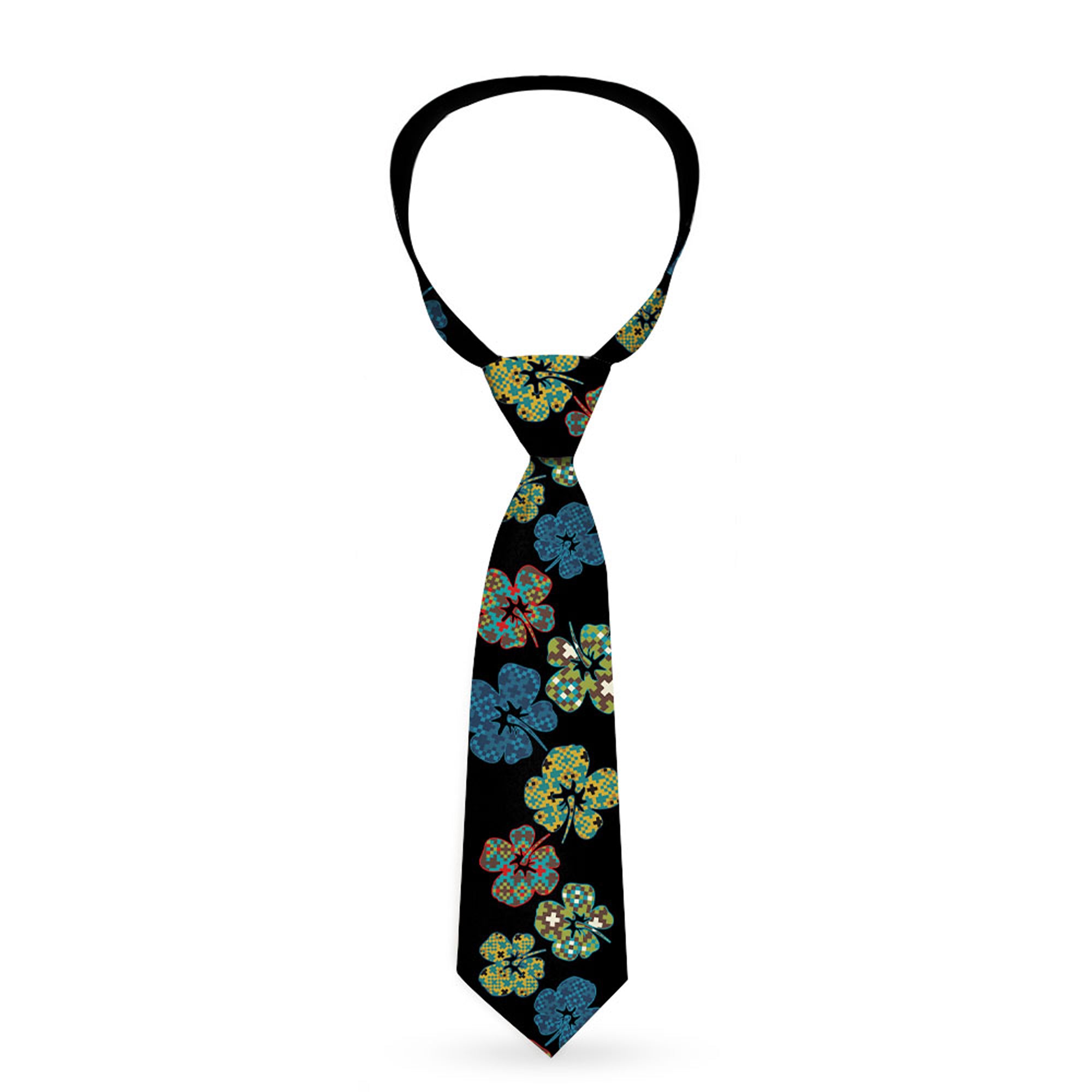 Buckle-Down Necktie - Pixilated Hibiscus Flowers Black/Multi Color Neckties Buckle-Down