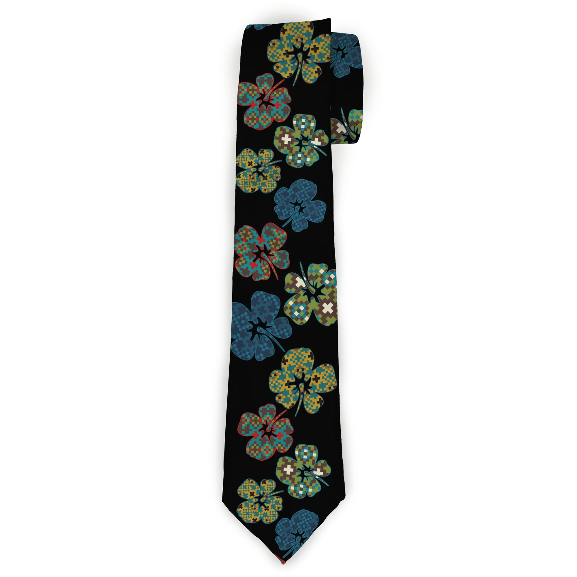 Buckle-Down Necktie - Pixilated Hibiscus Flowers Black/Multi Color Neckties Buckle-Down