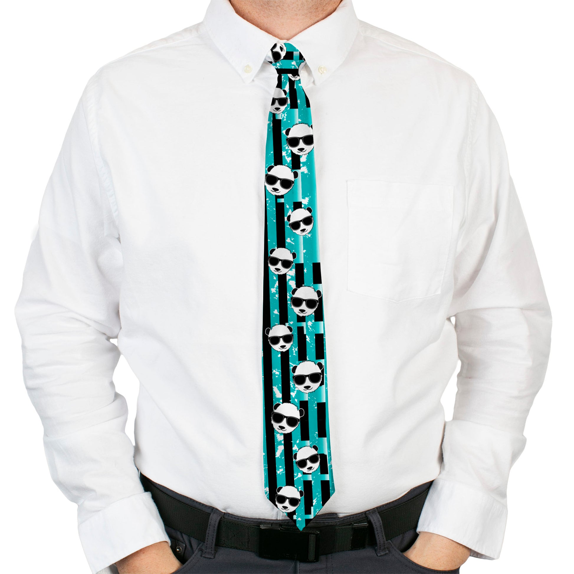 Buckle-Down Necktie - Multi Panda w/Sunglasses Stripe Turquoise/Black Neckties Buckle-Down