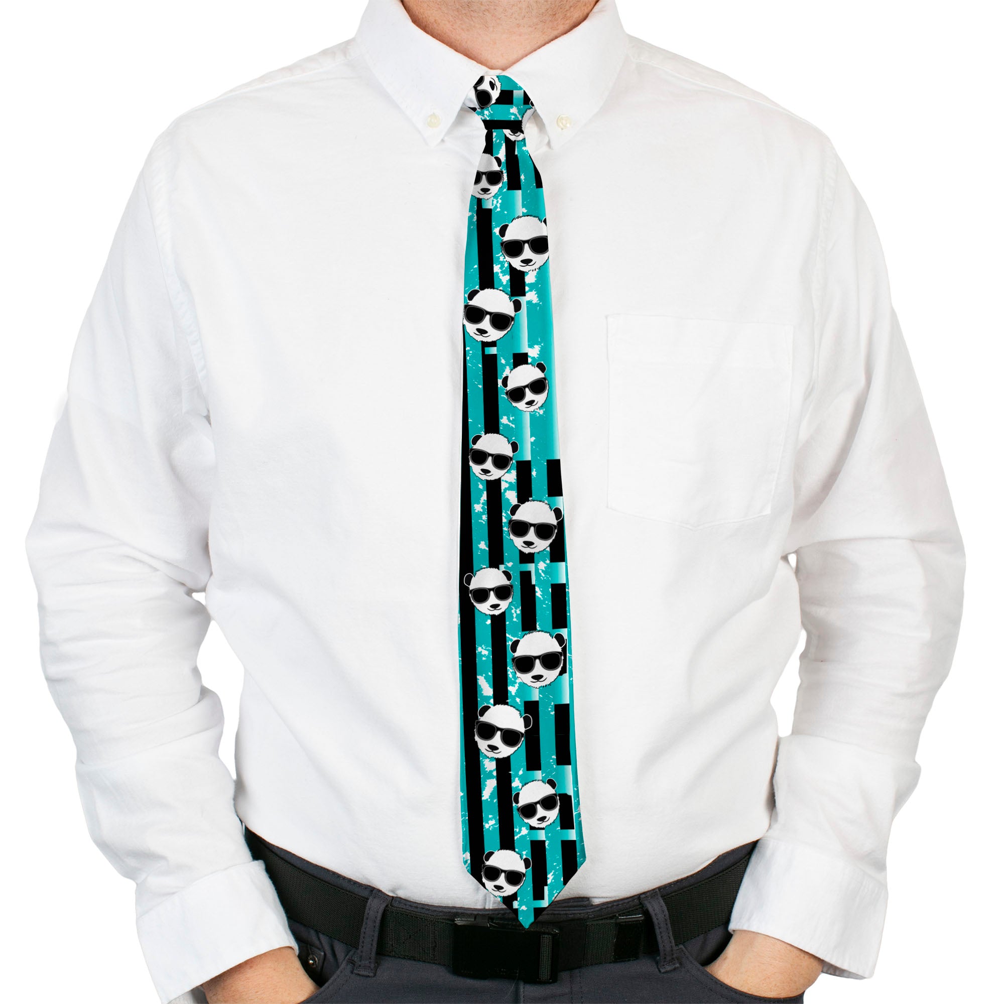 Buckle-Down Necktie - Multi Panda w/Sunglasses Stripe Turquoise/Black Neckties Buckle-Down