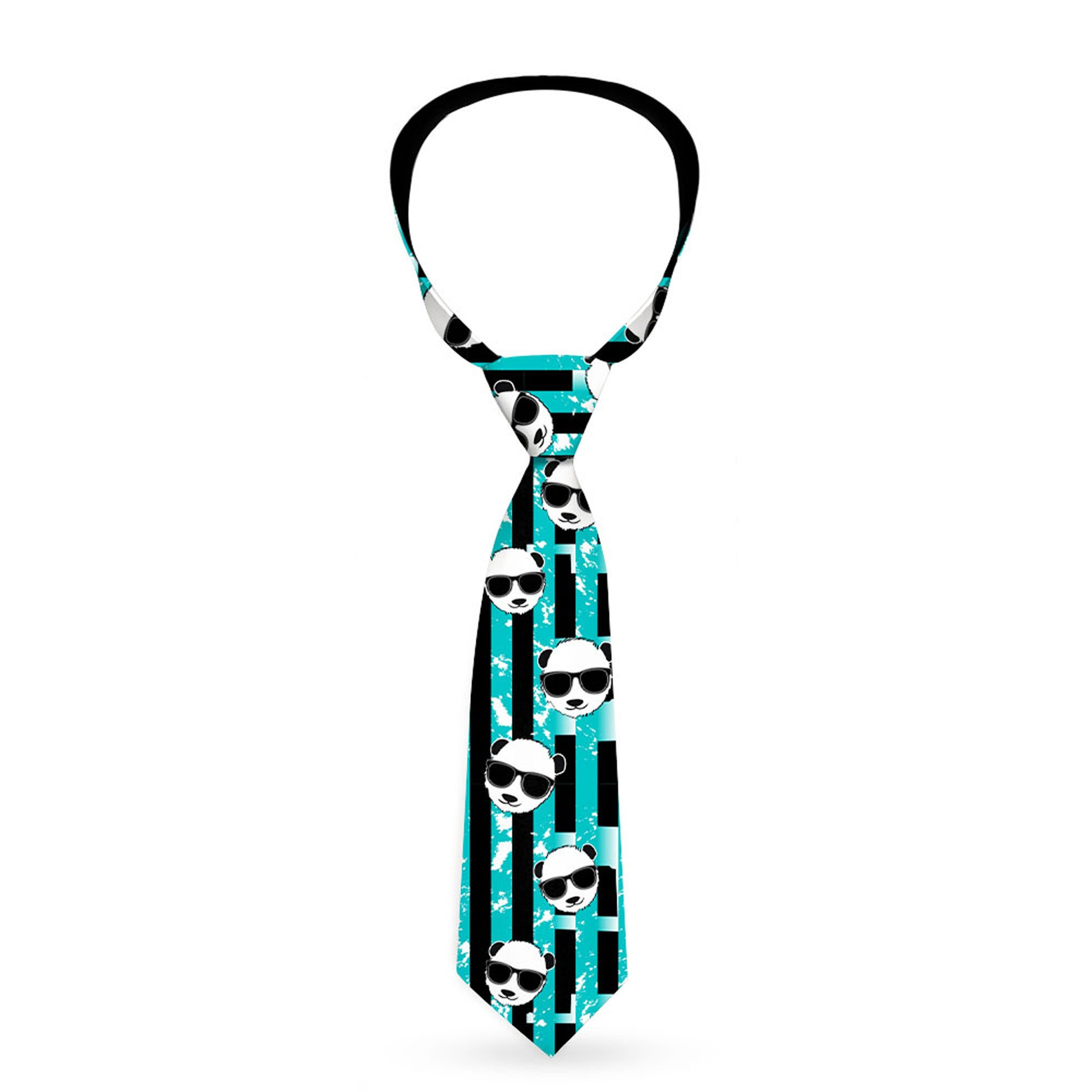 Buckle-Down Necktie - Multi Panda w/Sunglasses Stripe Turquoise/Black Neckties Buckle-Down