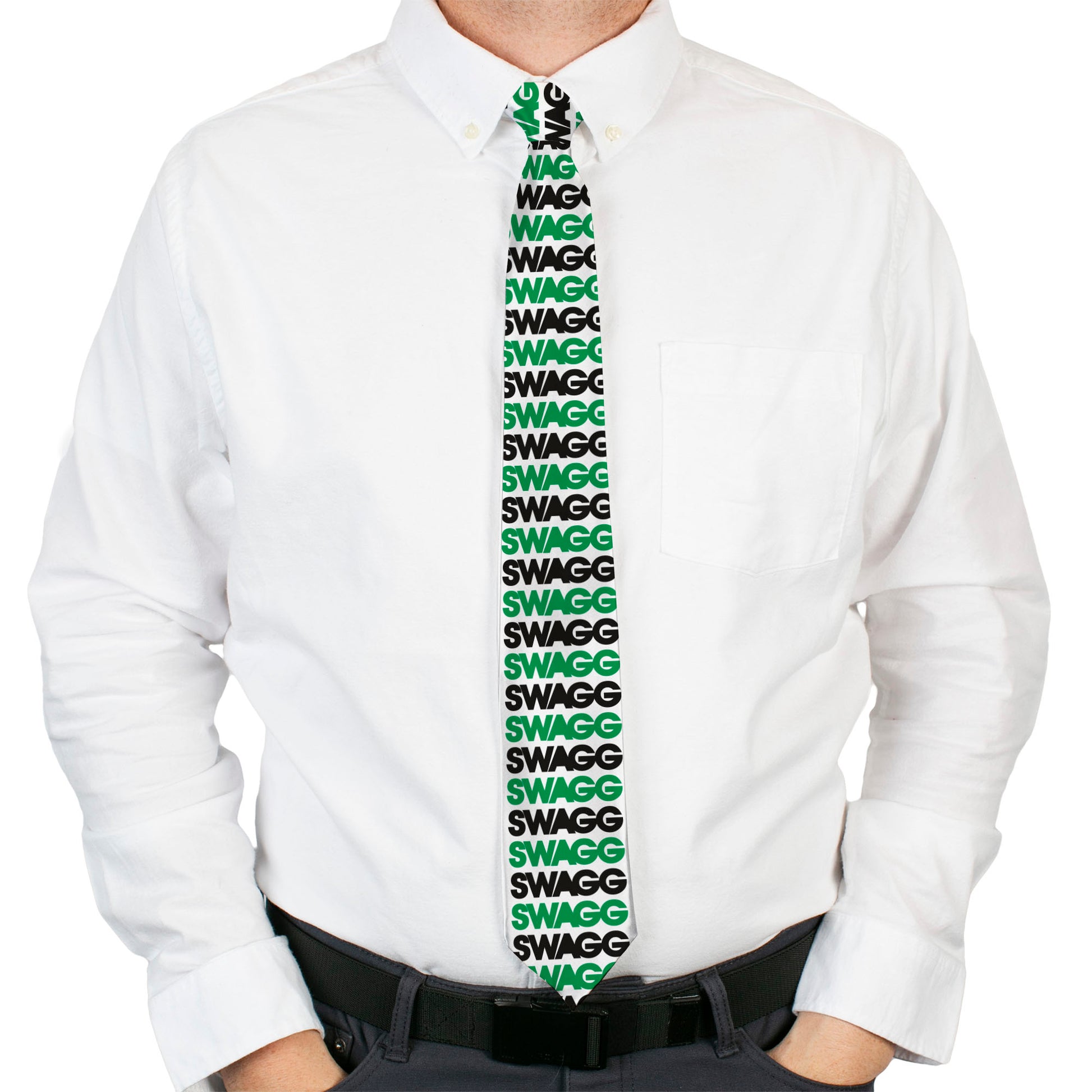 Buckle-Down Necktie - SWAGG White/Black/Green Neckties Buckle-Down