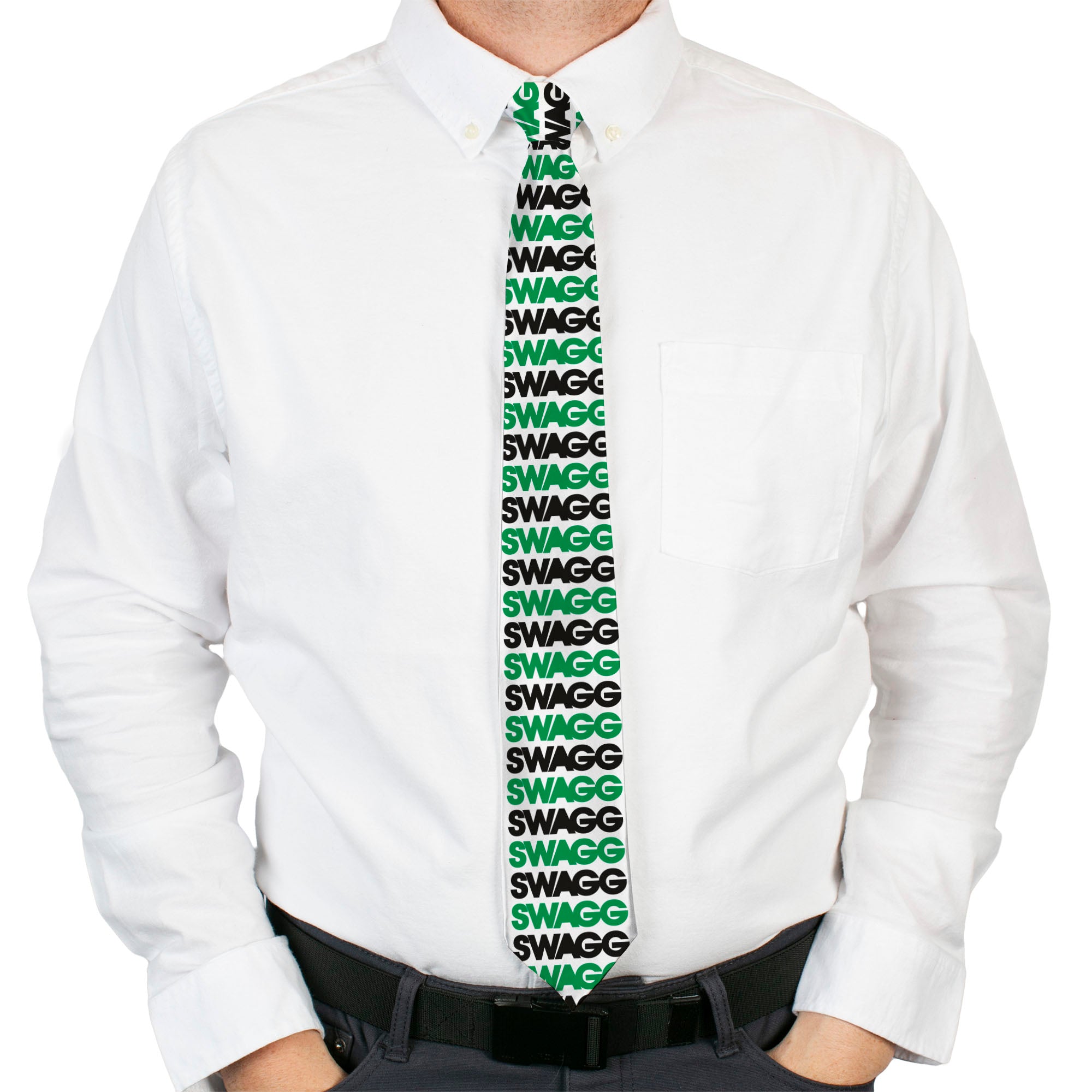 Buckle-Down Necktie - SWAGG White/Black/Green Neckties Buckle-Down