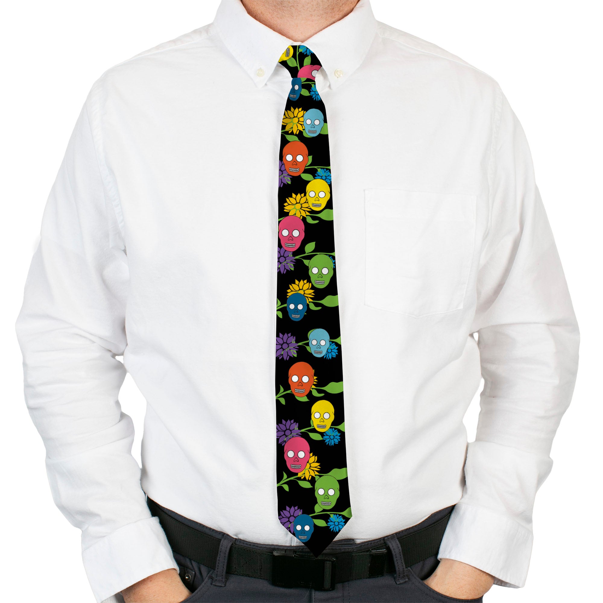 Buckle-Down Necktie - Skulls & Flowers Black/Multi Color Neckties Buckle-Down