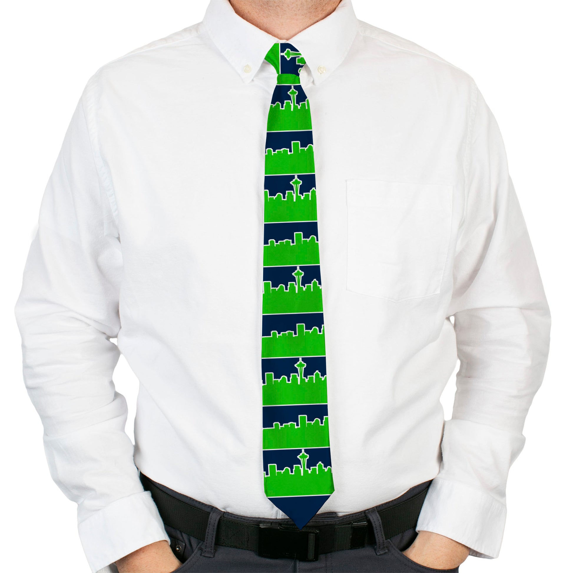 Buckle-Down Necktie - Seattle Skyline Navy/Lime Green Neckties Buckle-Down