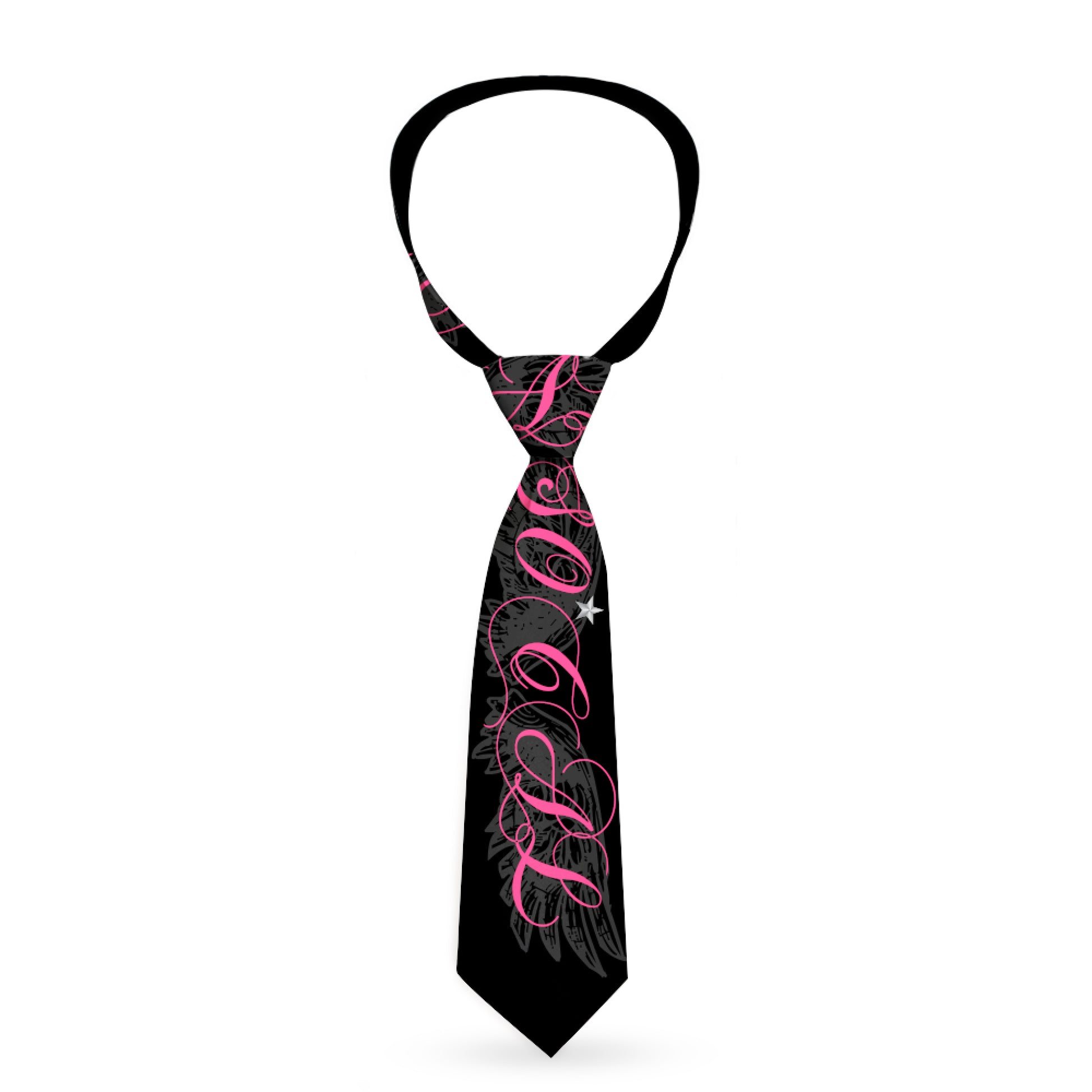 Buckle-Down Necktie - SO CAL Script/Wings Black/Gray/Pink Neckties Buckle-Down