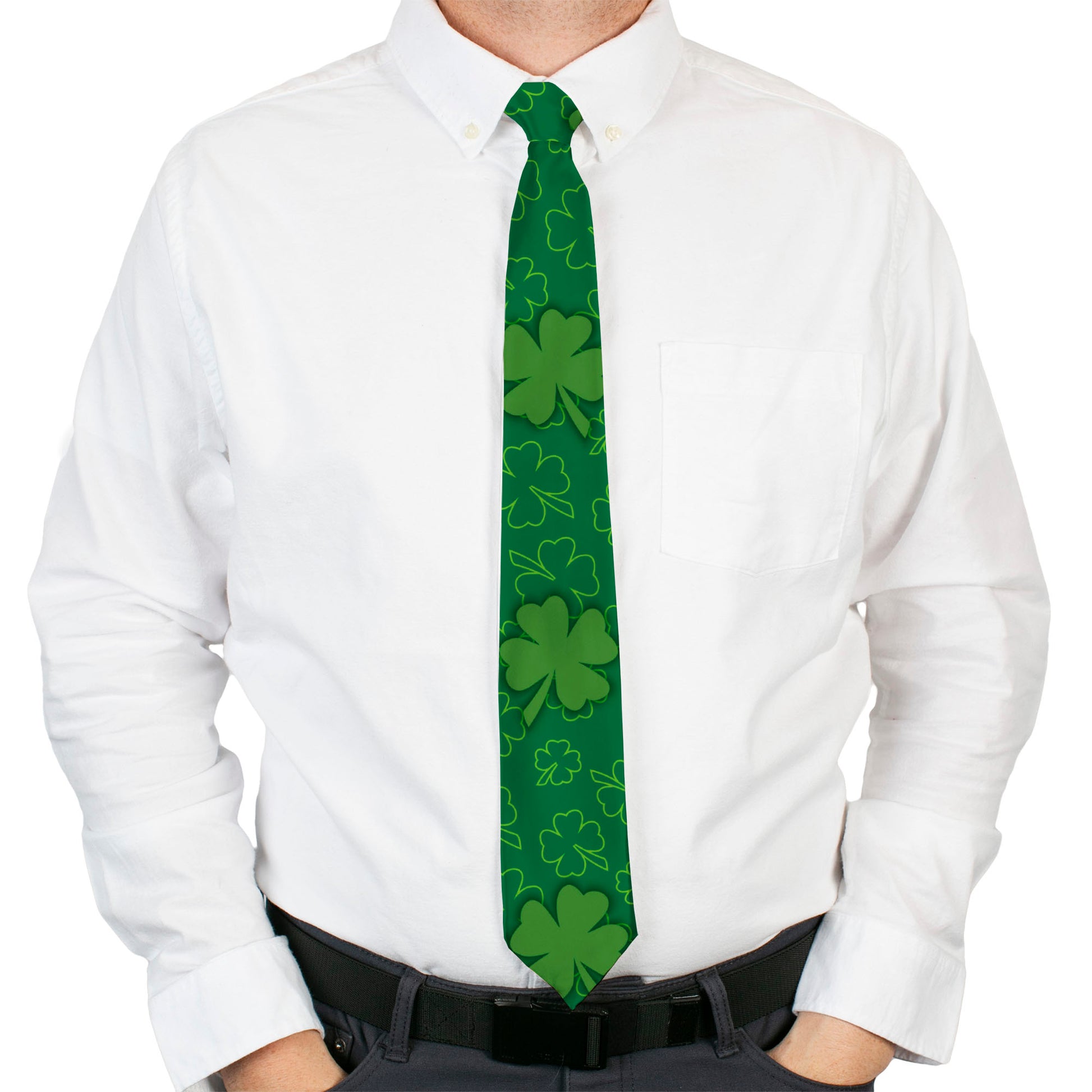 Buckle-Down Necktie - St. Pat's Clovers Scattered2 Outline/Solid Greens Neckties Buckle-Down