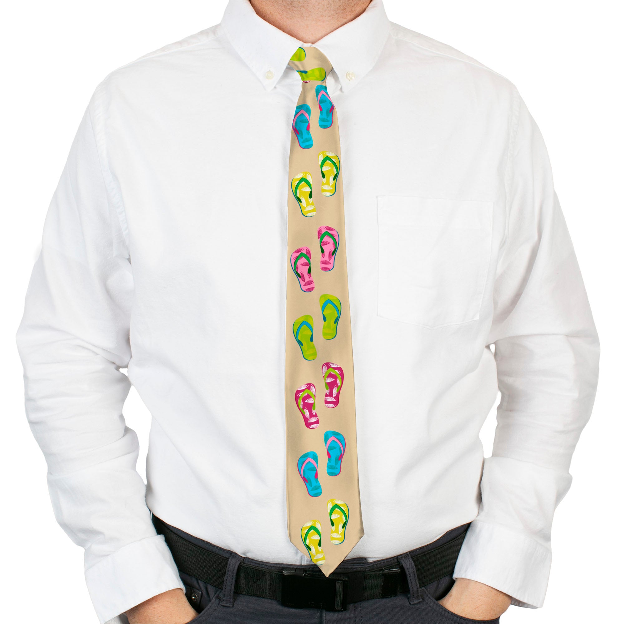 Buckle-Down Necktie - Tropical Flip Flops Tan/Multi Color Neckties Buckle-Down