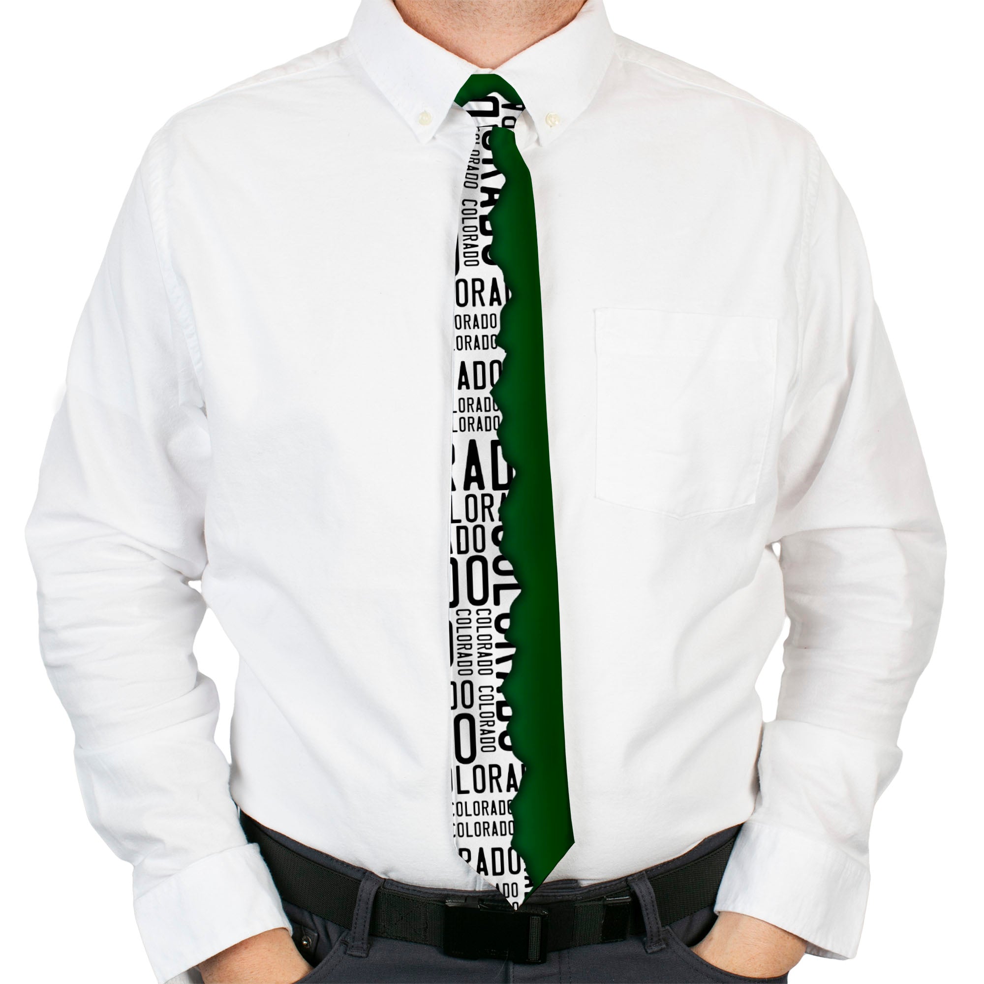 Buckle-Down Necktie - Colorado Mountains Green/White/Black Text Neckties Buckle-Down